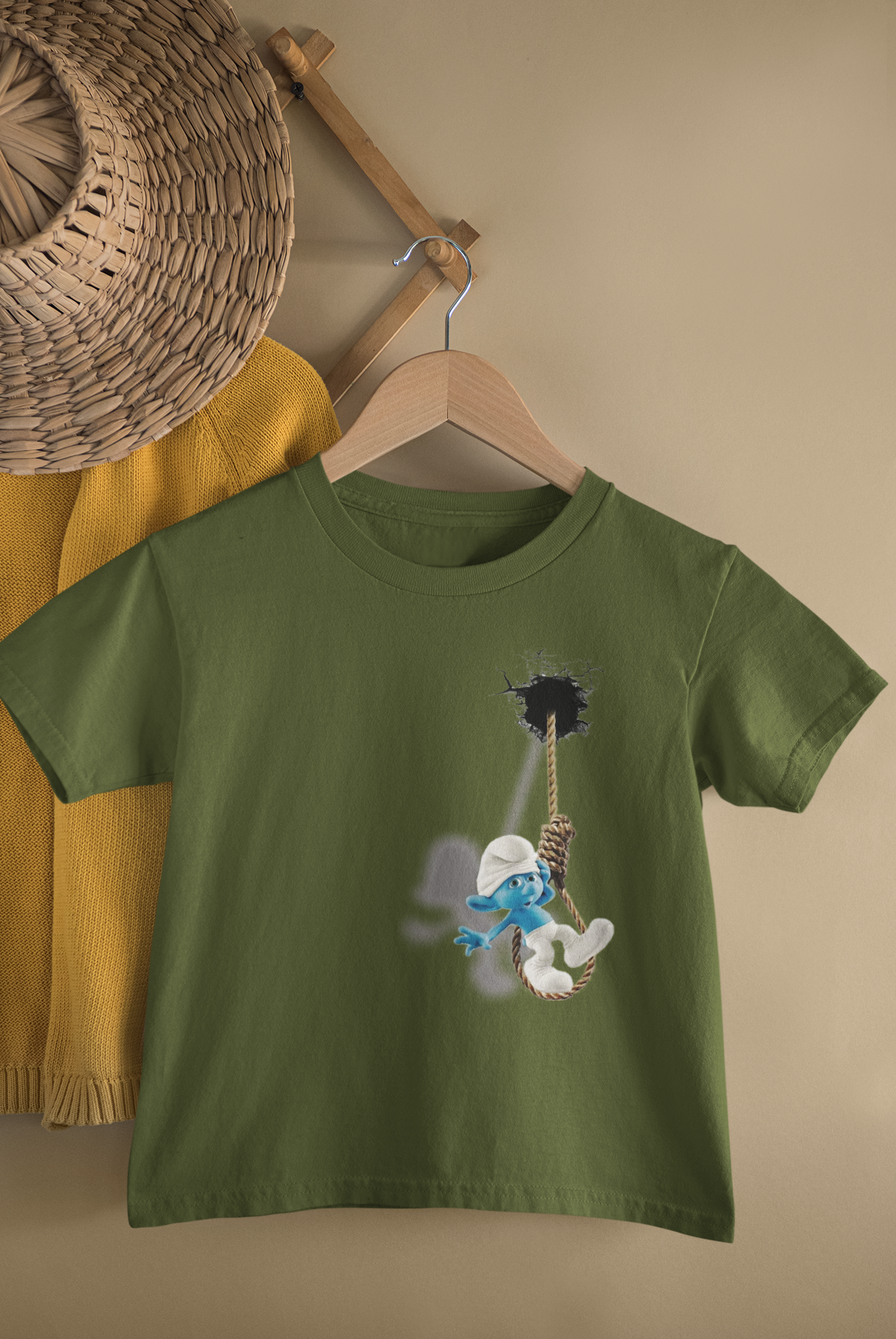 Kids Smurfs Rope Swing Cartoon Print Round Neck T-Shirt