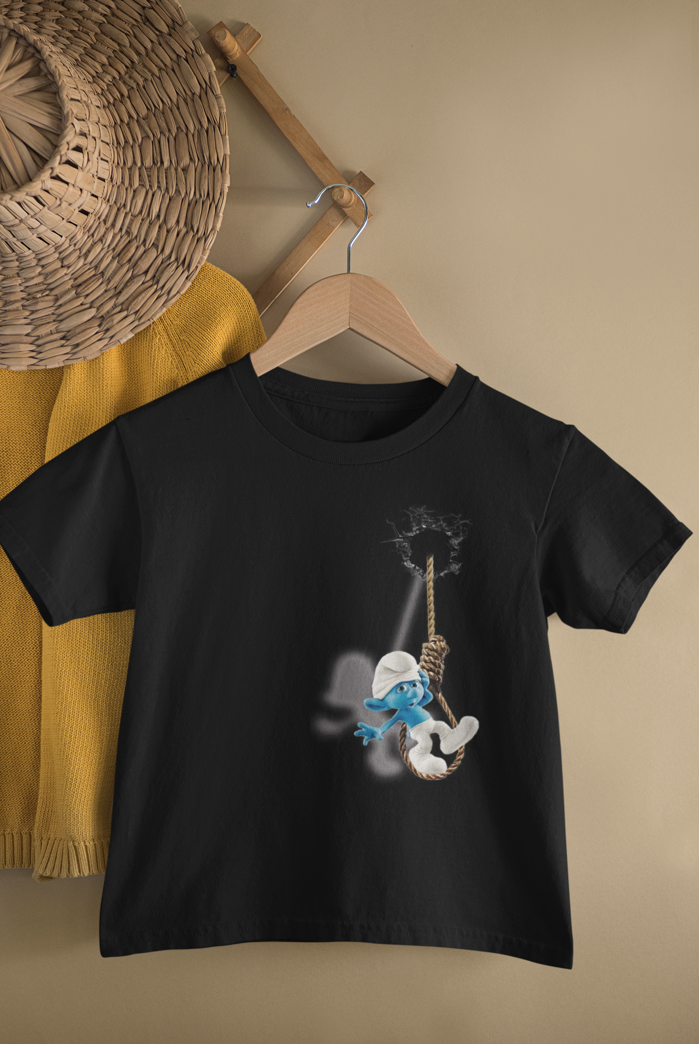 Kids Smurfs Rope Swing Cartoon Print Round Neck T-Shirt