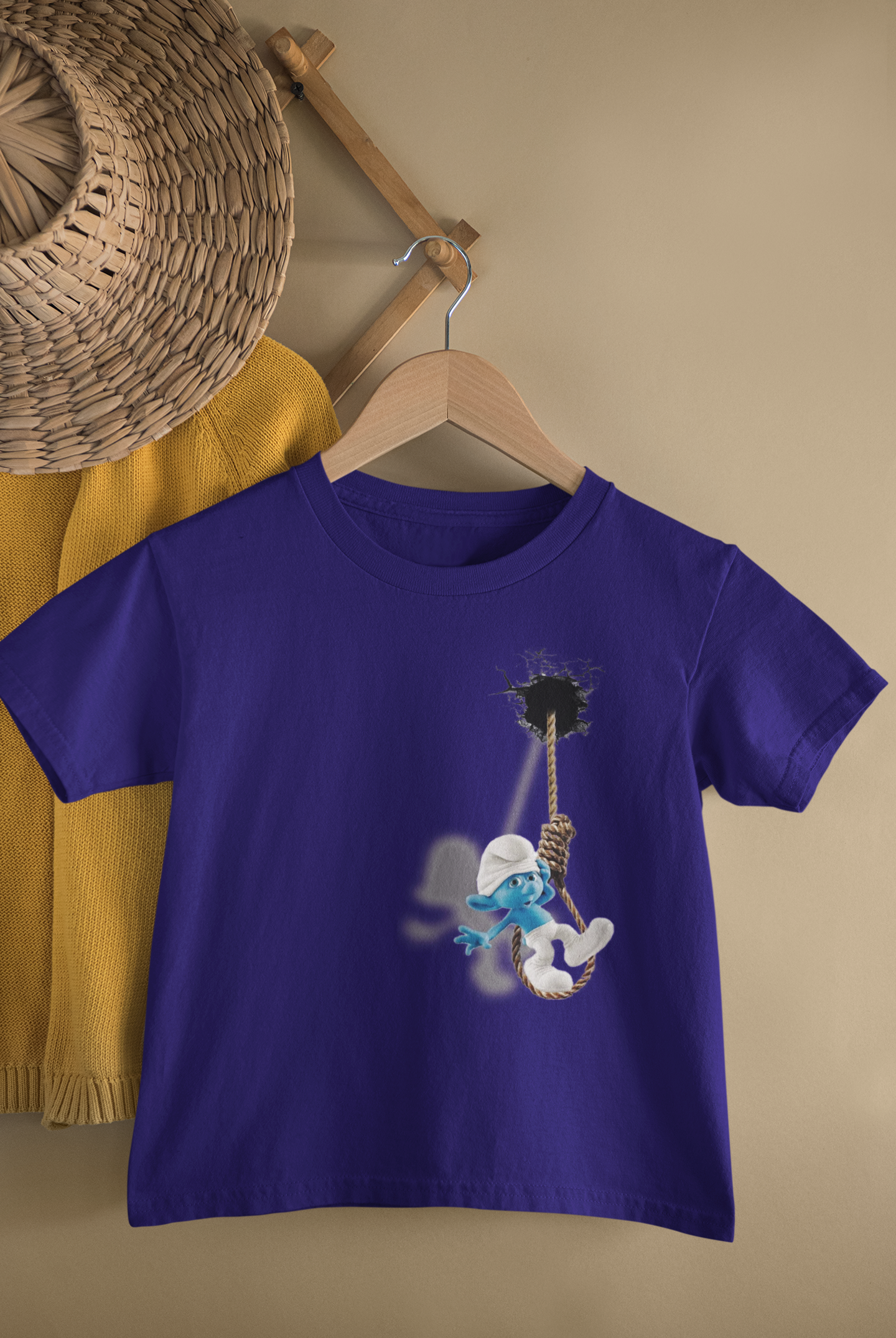 Kids Smurfs Rope Swing Cartoon Print Round Neck T-Shirt