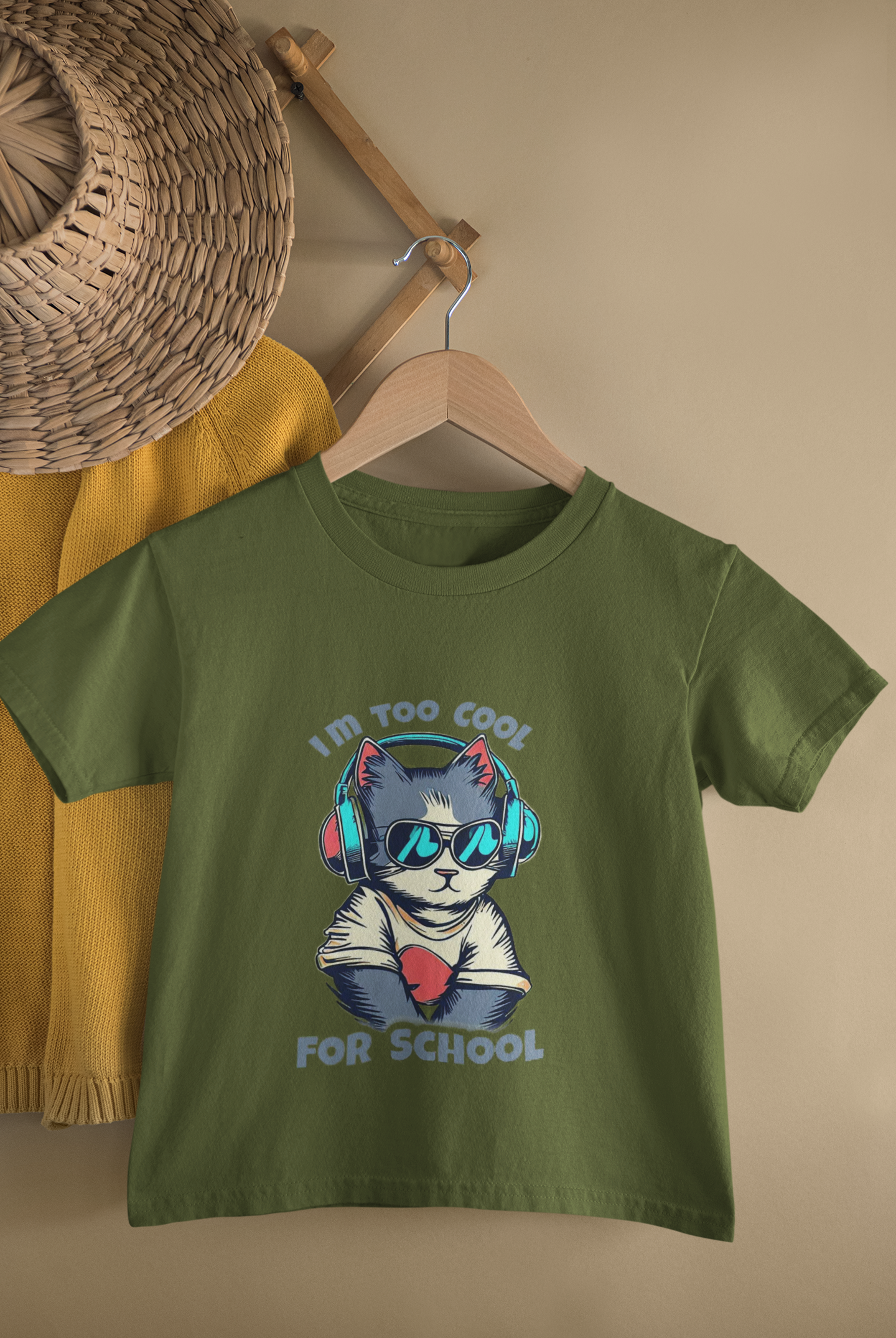 Kids Too Cool For School Cat Print Round Neck T-Shirt