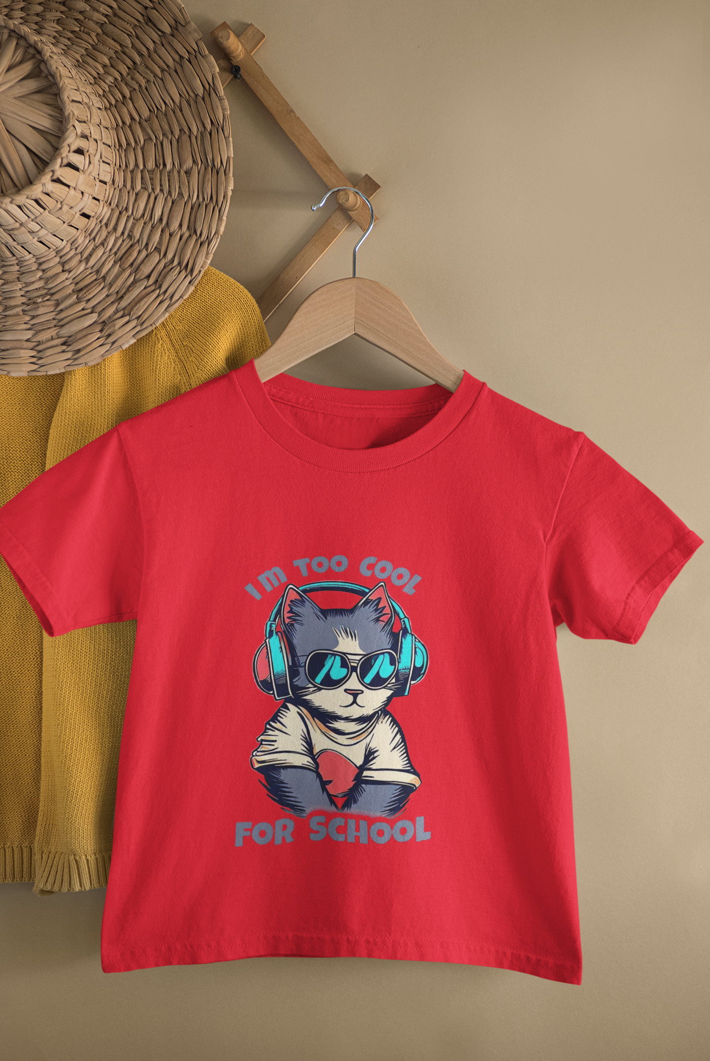 Kids Too Cool For School Cat Print Round Neck T-Shirt