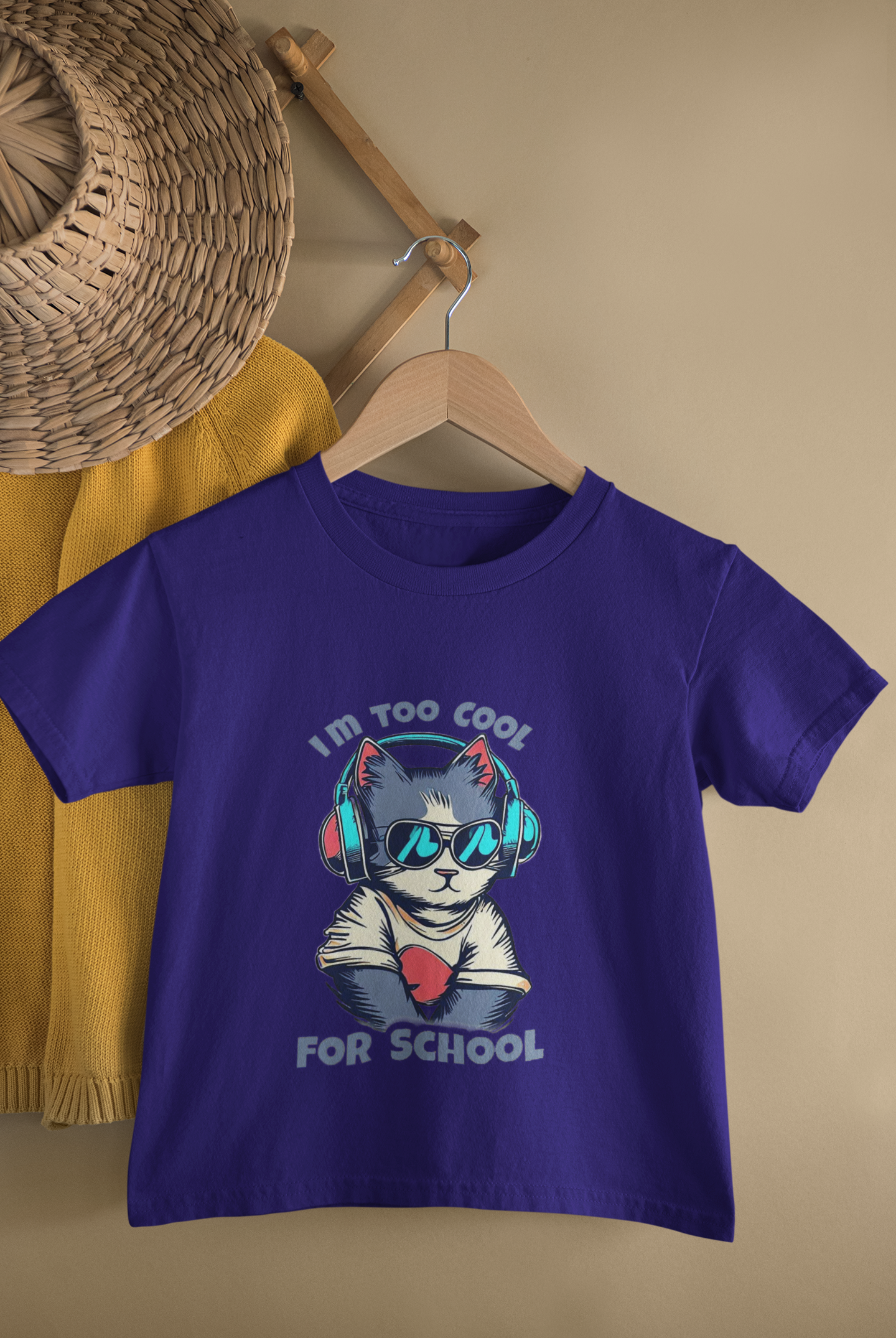Kids Too Cool For School Cat Print Round Neck T-Shirt