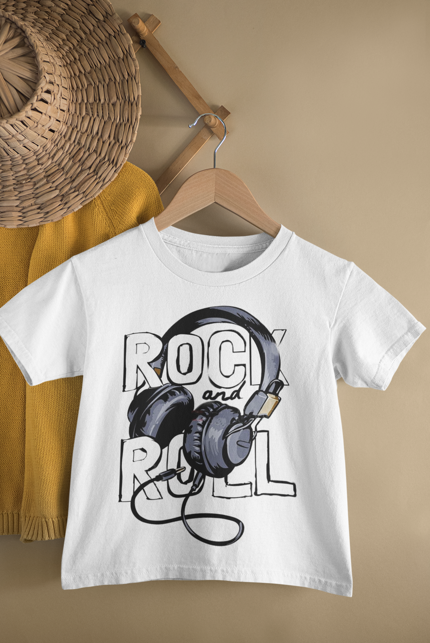 Kids Rock and Roll Headphones Print Round Neck T-Shirt