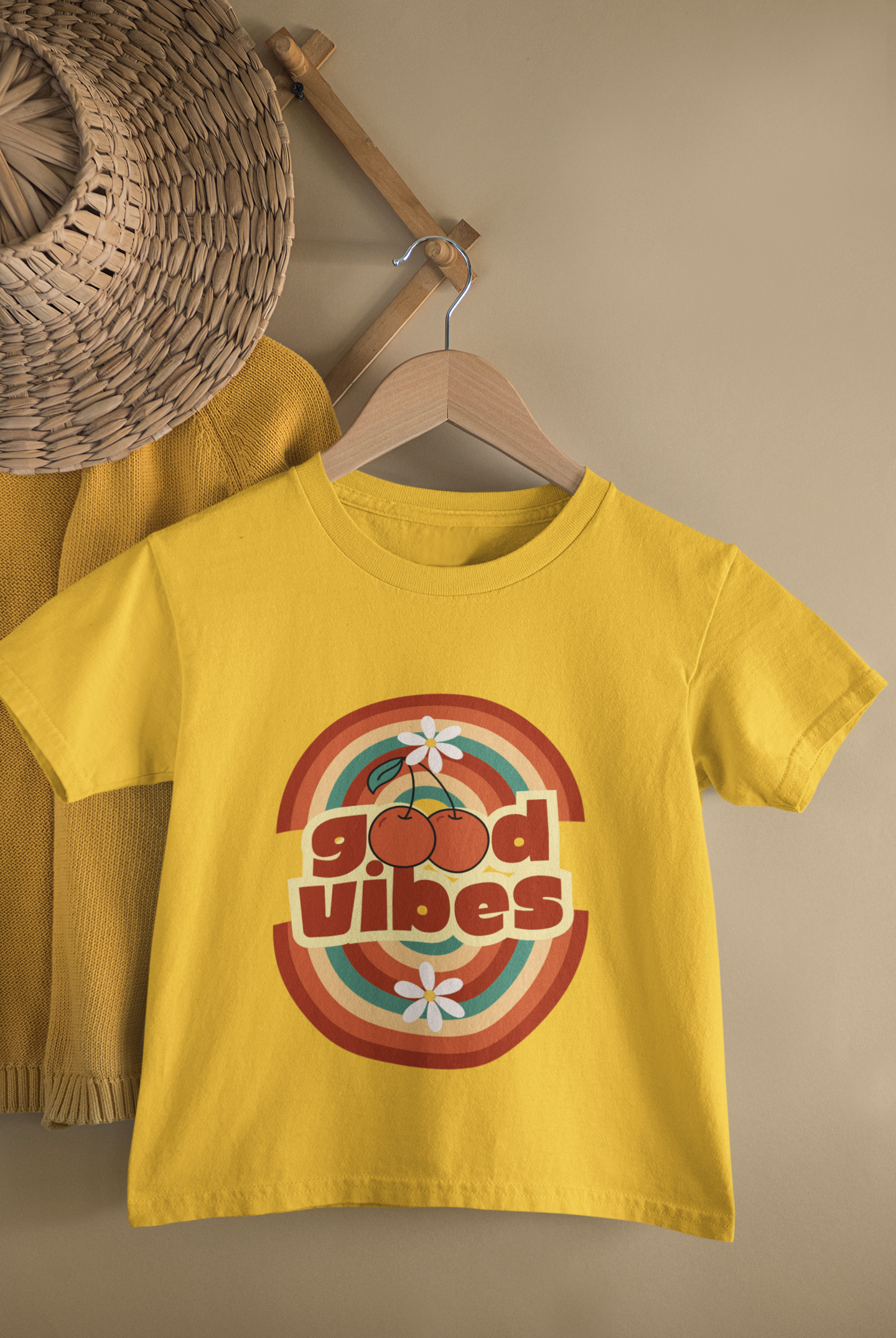Kids Good Vibes Retro Rainbow Print Round Neck T-Shirt