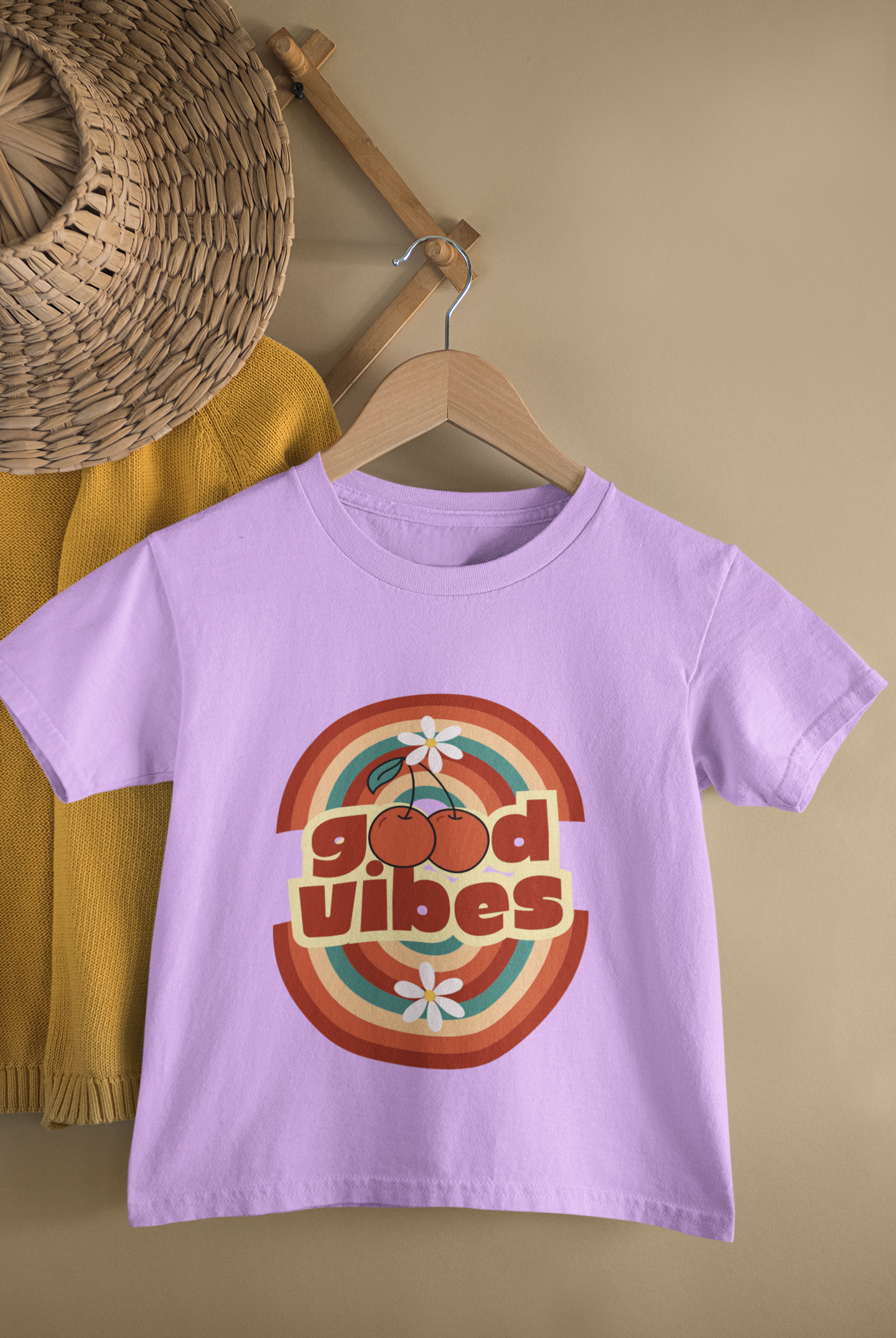 Kids Good Vibes Retro Rainbow Print Round Neck T-Shirt