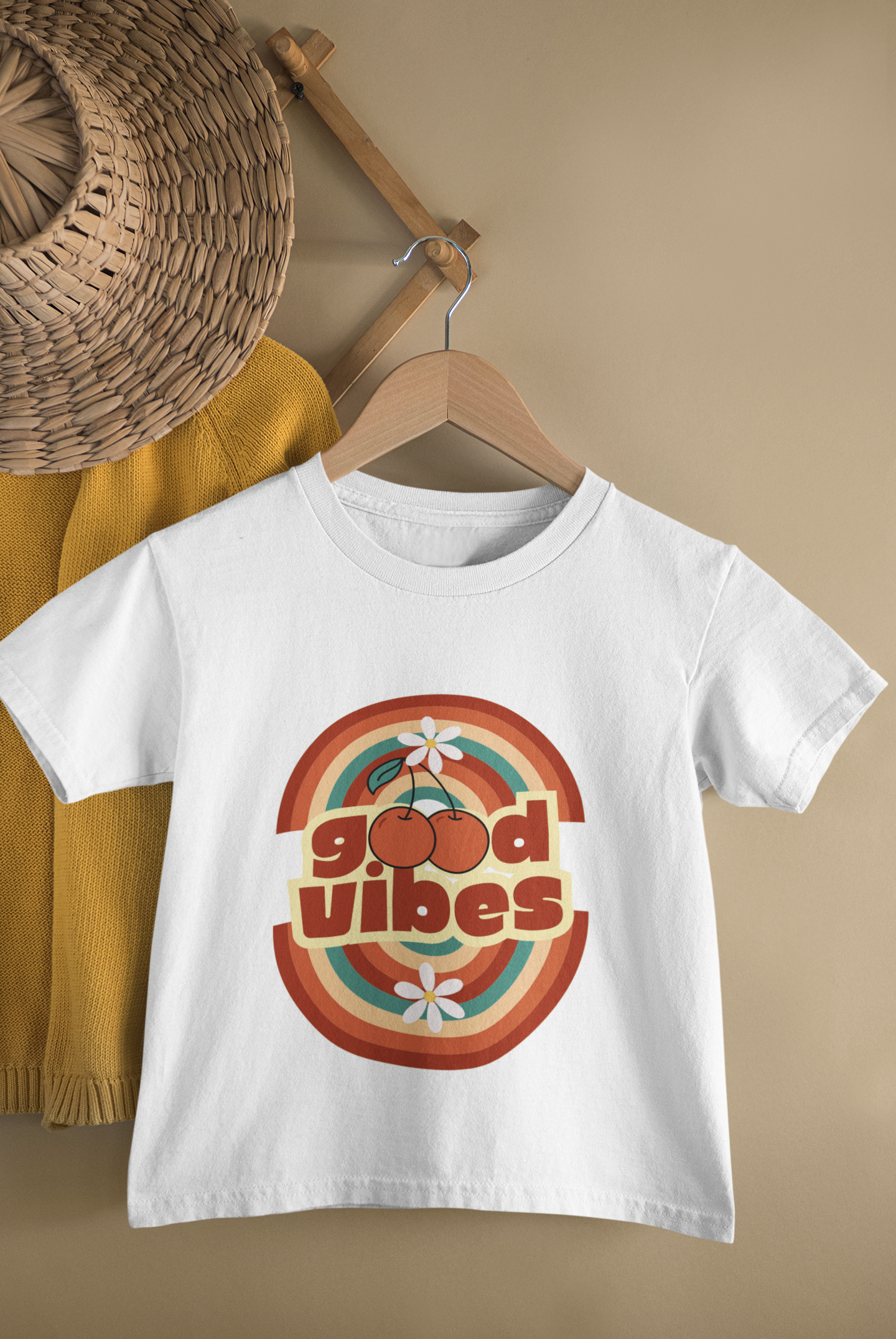 Kids Good Vibes Retro Rainbow Print Round Neck T-Shirt