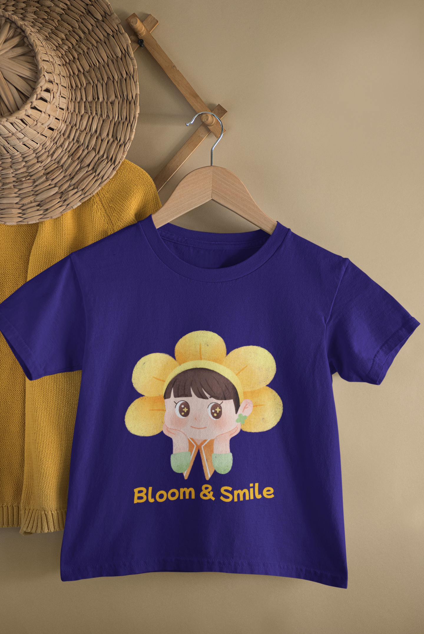 Kids Bloom & Smile Flower Girl Cartoon Print Round Neck T-Shirt