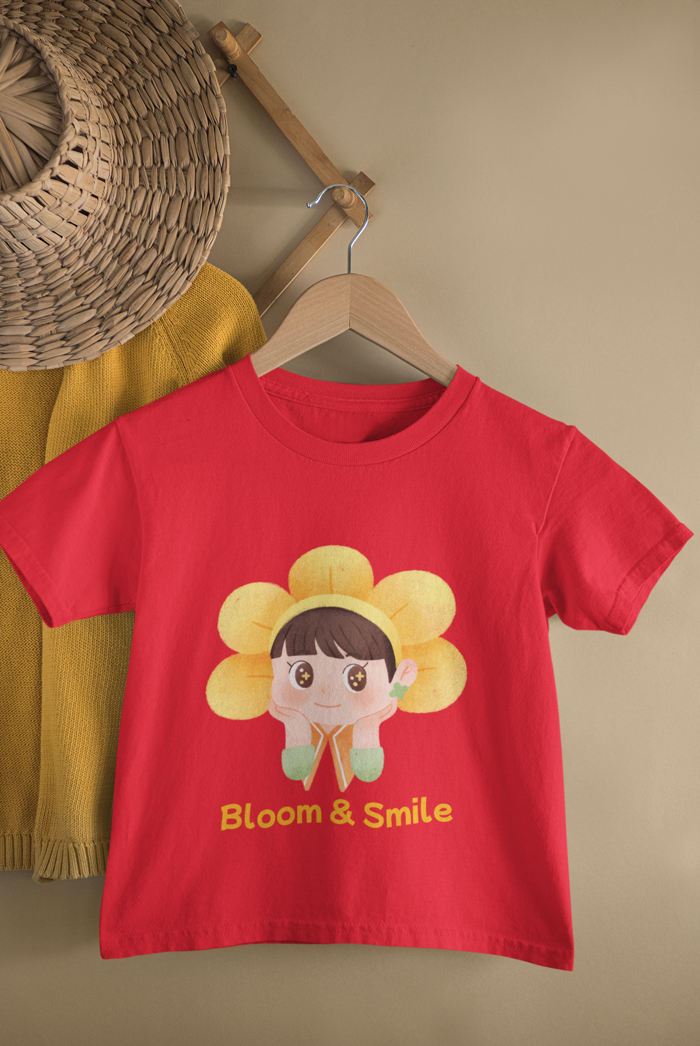 Kids Bloom & Smile Flower Girl Cartoon Print Round Neck T-Shirt