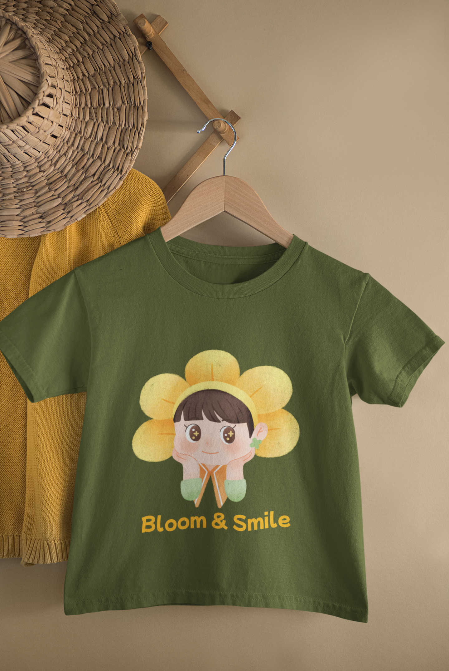Kids Bloom & Smile Flower Girl Cartoon Print Round Neck T-Shirt
