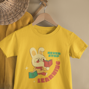 Kids Never Stop Learning Bunny Cartoon Print Round Neck T-Shirt