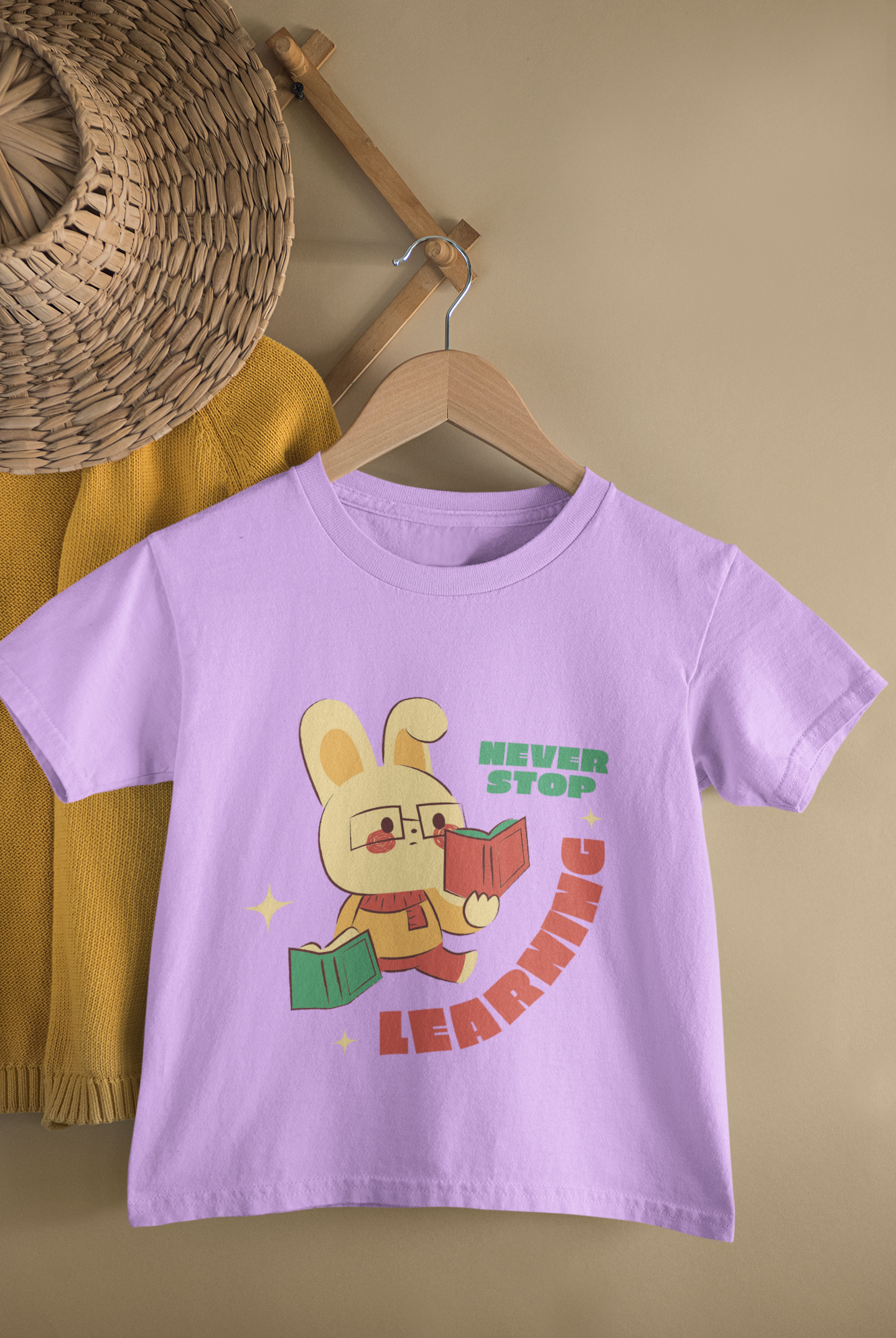 Kids Never Stop Learning Bunny Cartoon Print Round Neck T-Shirt