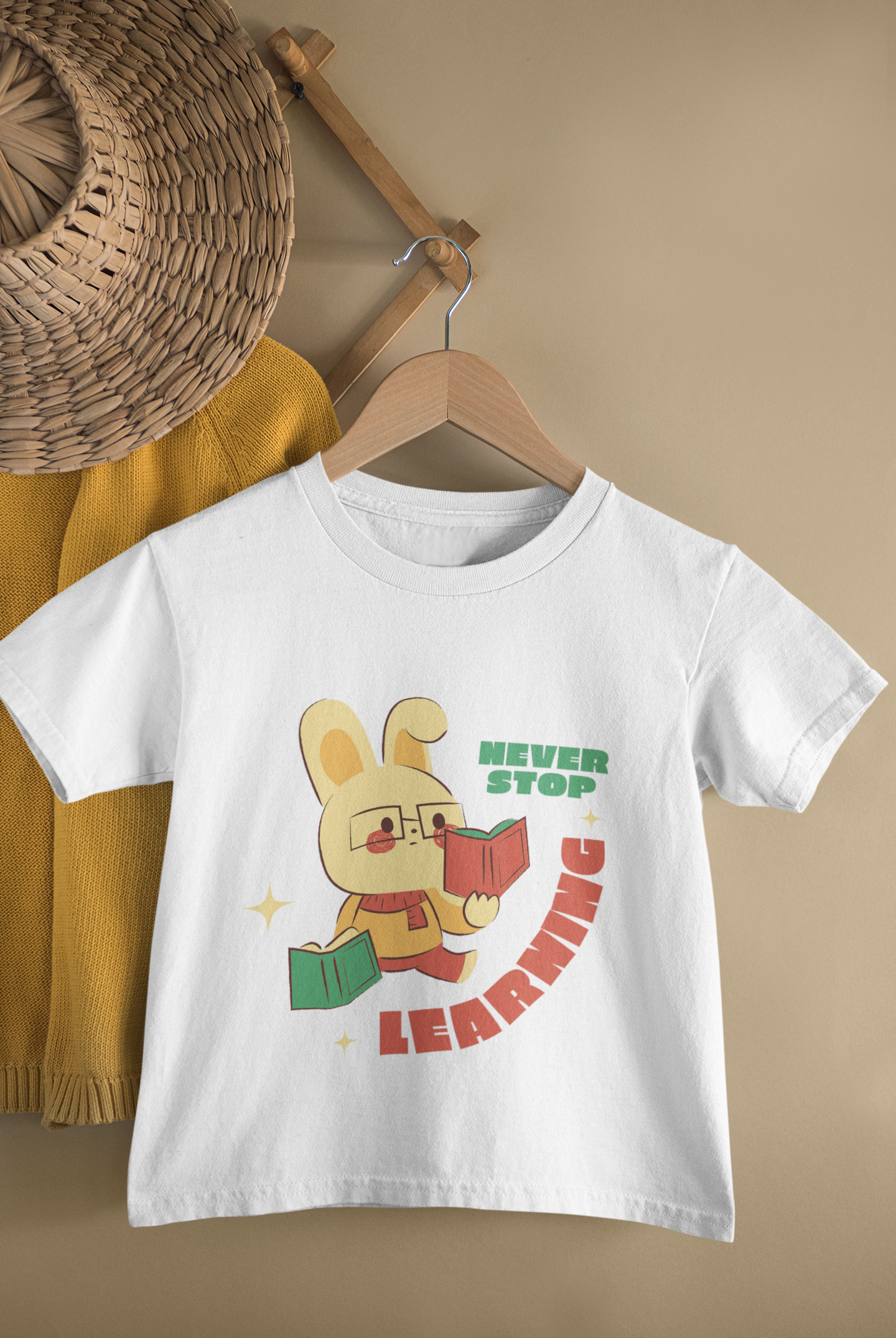 Kids Never Stop Learning Bunny Cartoon Print Round Neck T-Shirt