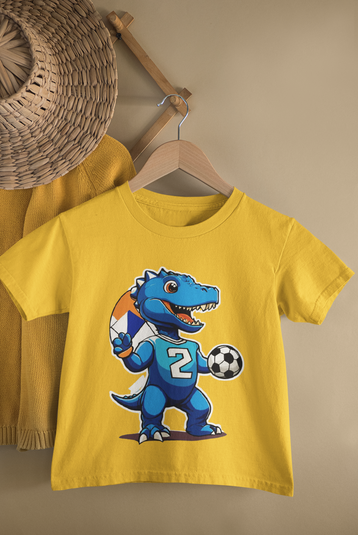 Kids Dino Soccer Cartoon Print Round Neck T-Shirt