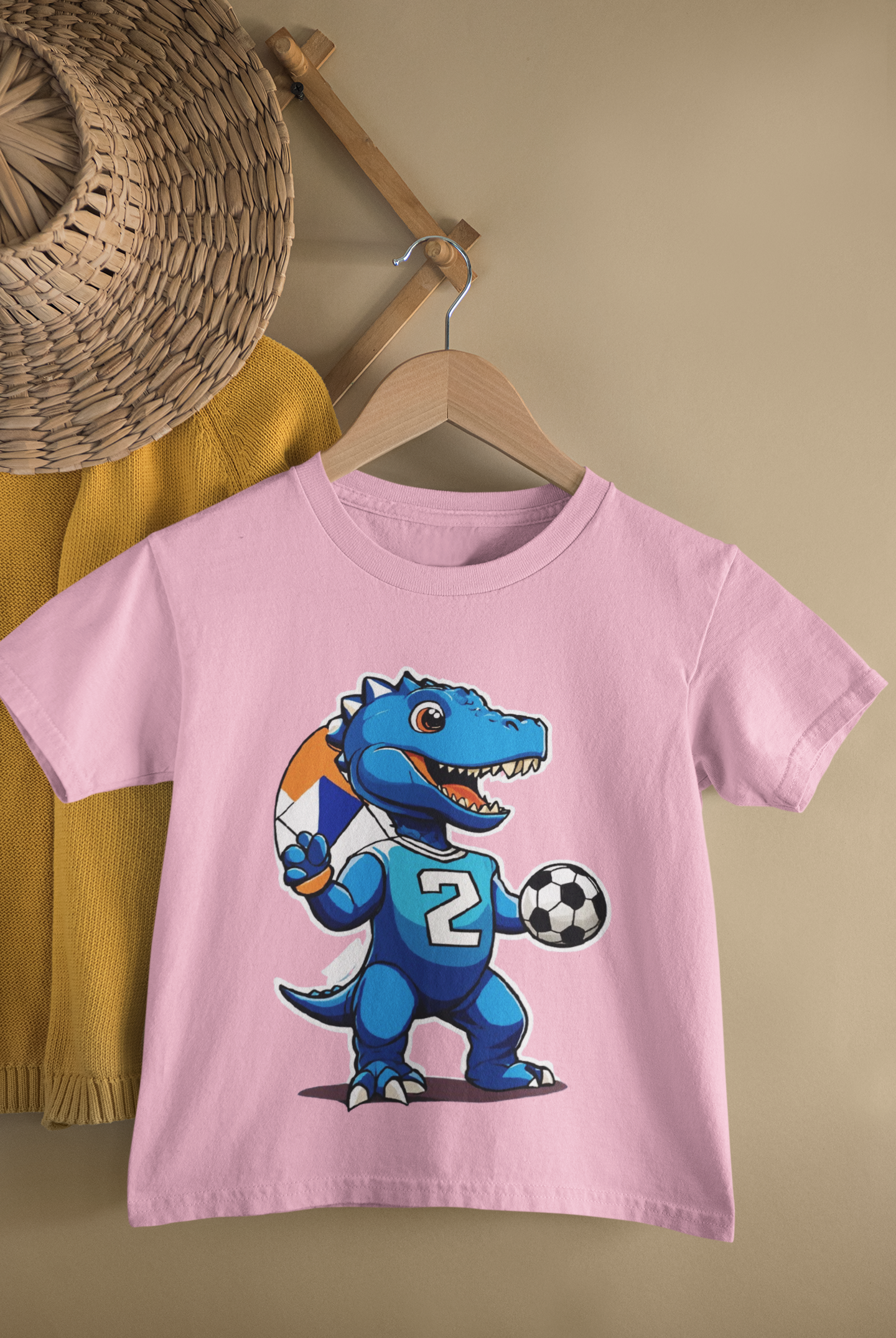 Kids Dino Soccer Cartoon Print Round Neck T-Shirt