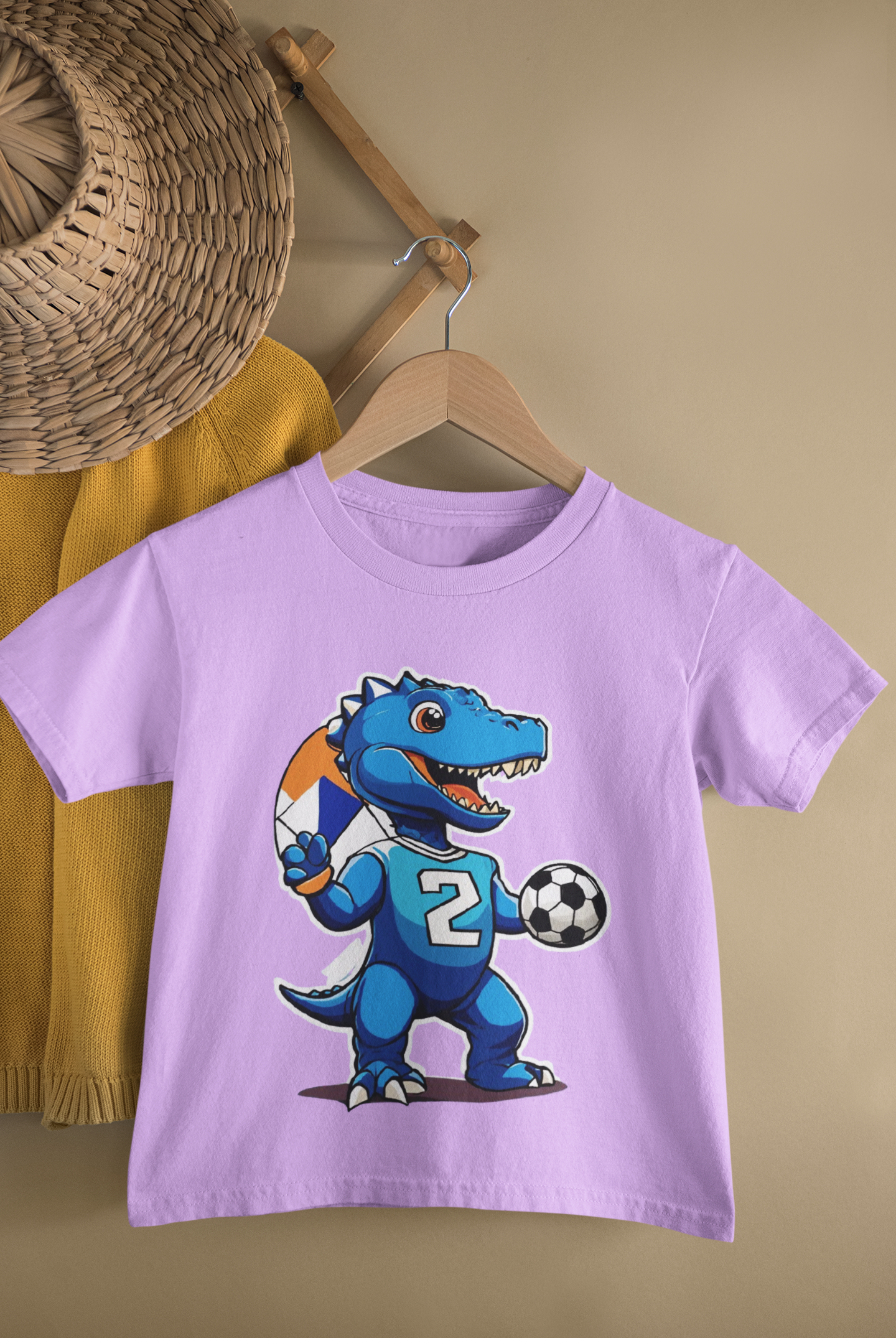 Kids Dino Soccer Cartoon Print Round Neck T-Shirt
