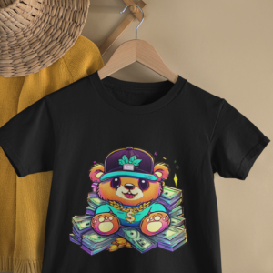 Kids Money Bear Hip Hop Cartoon Print Round Neck T-Shirt
