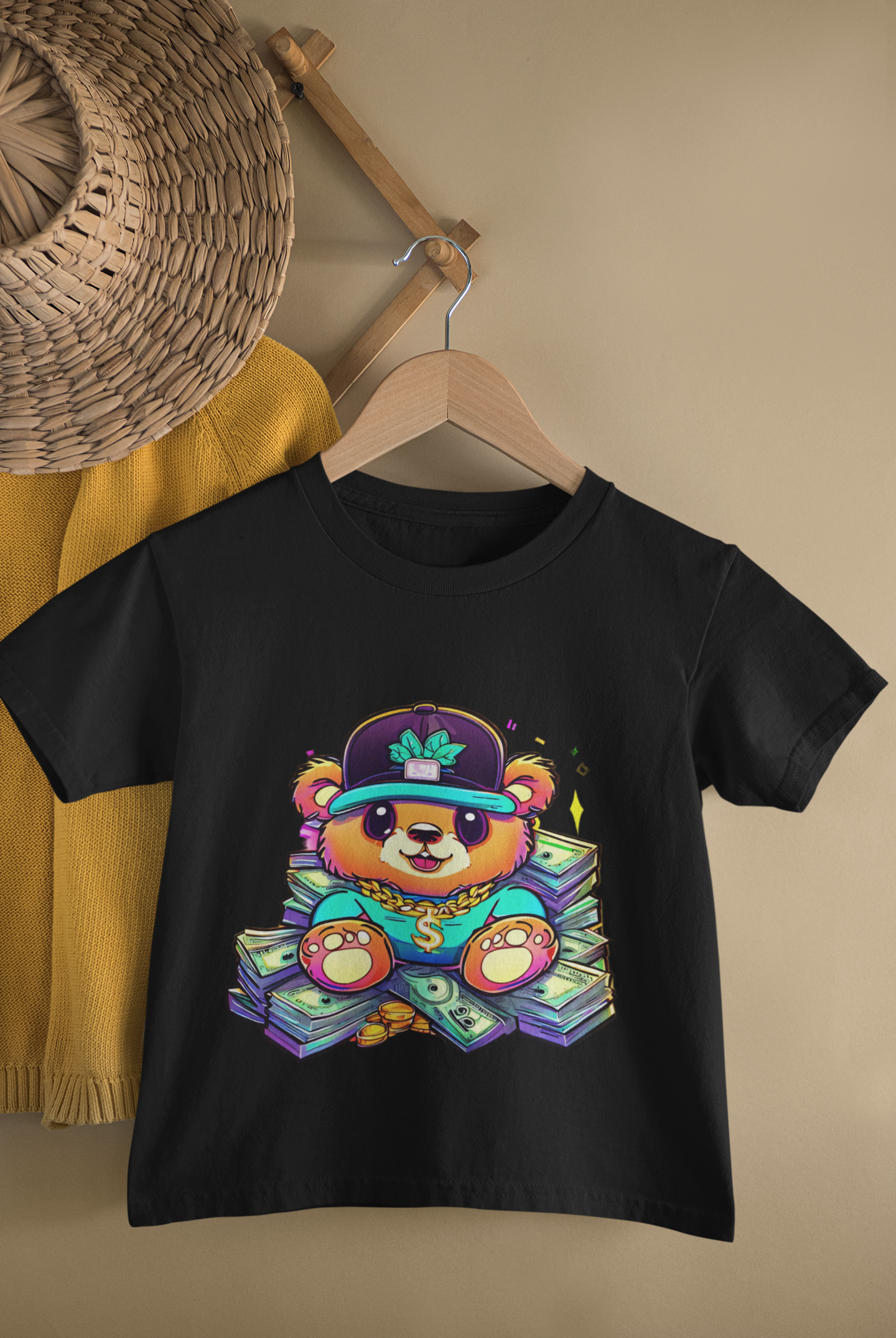 Kids Money Bear Hip Hop Cartoon Print Round Neck T-Shirt