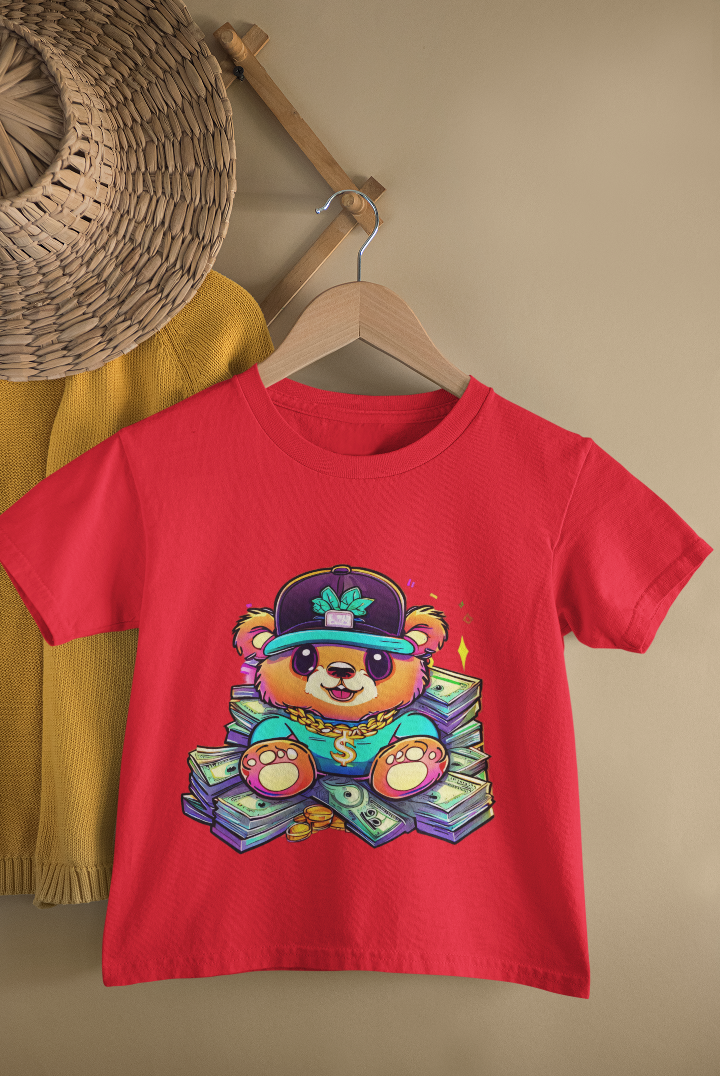 Kids Money Bear Hip Hop Cartoon Print Round Neck T-Shirt