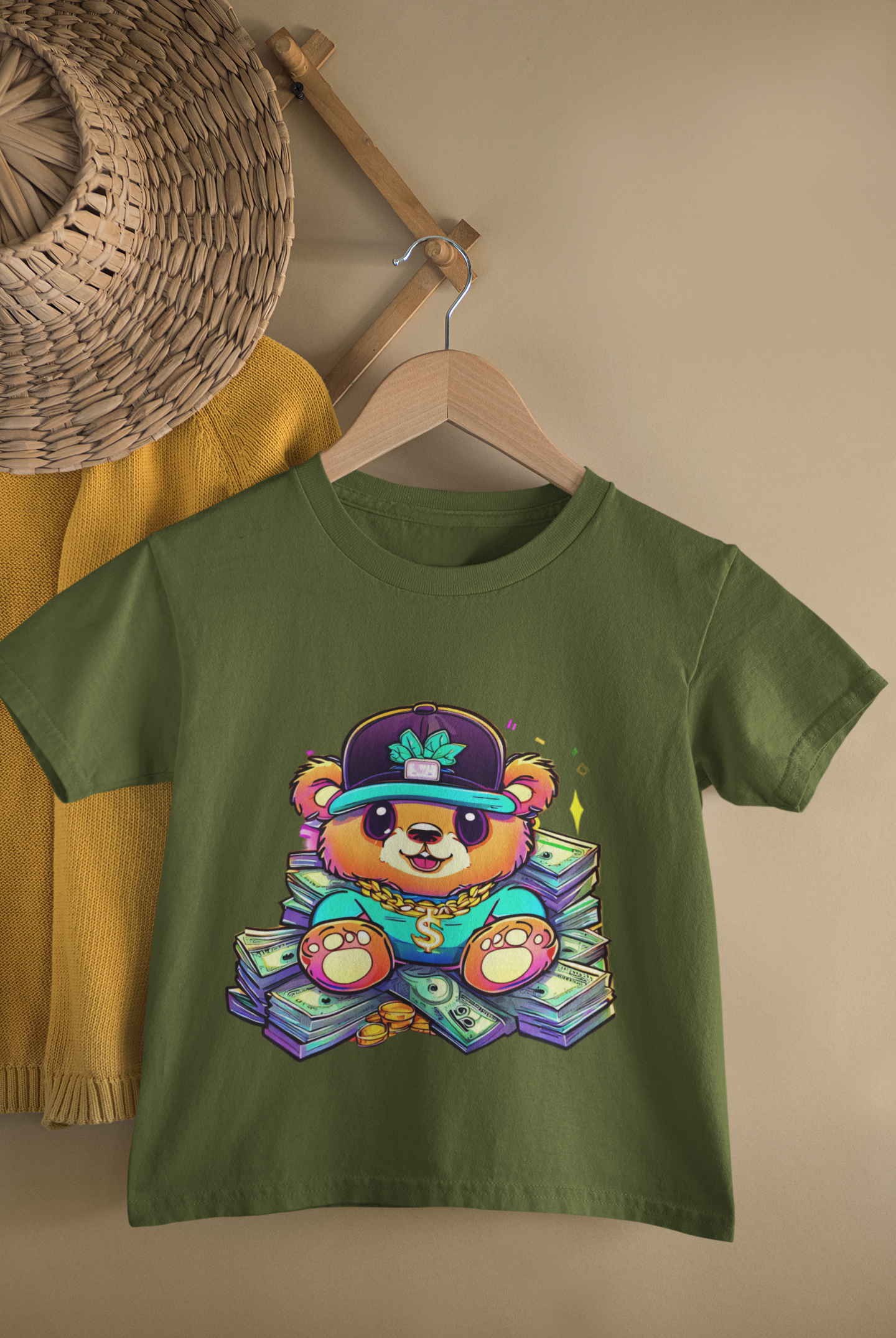 Kids Money Bear Hip Hop Cartoon Print Round Neck T-Shirt
