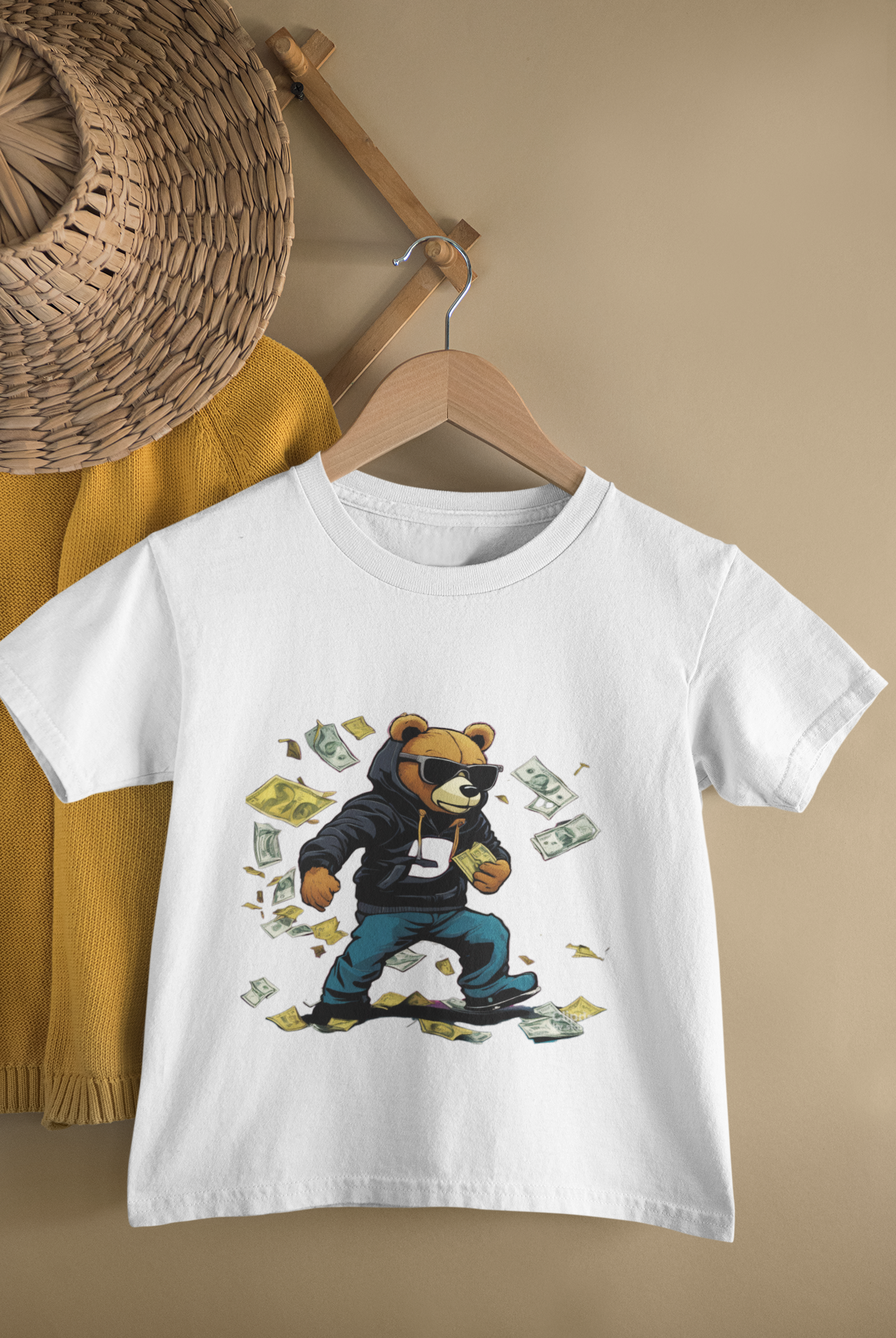 Kids Money Bear Cartoon Print Round Neck T-Shirt