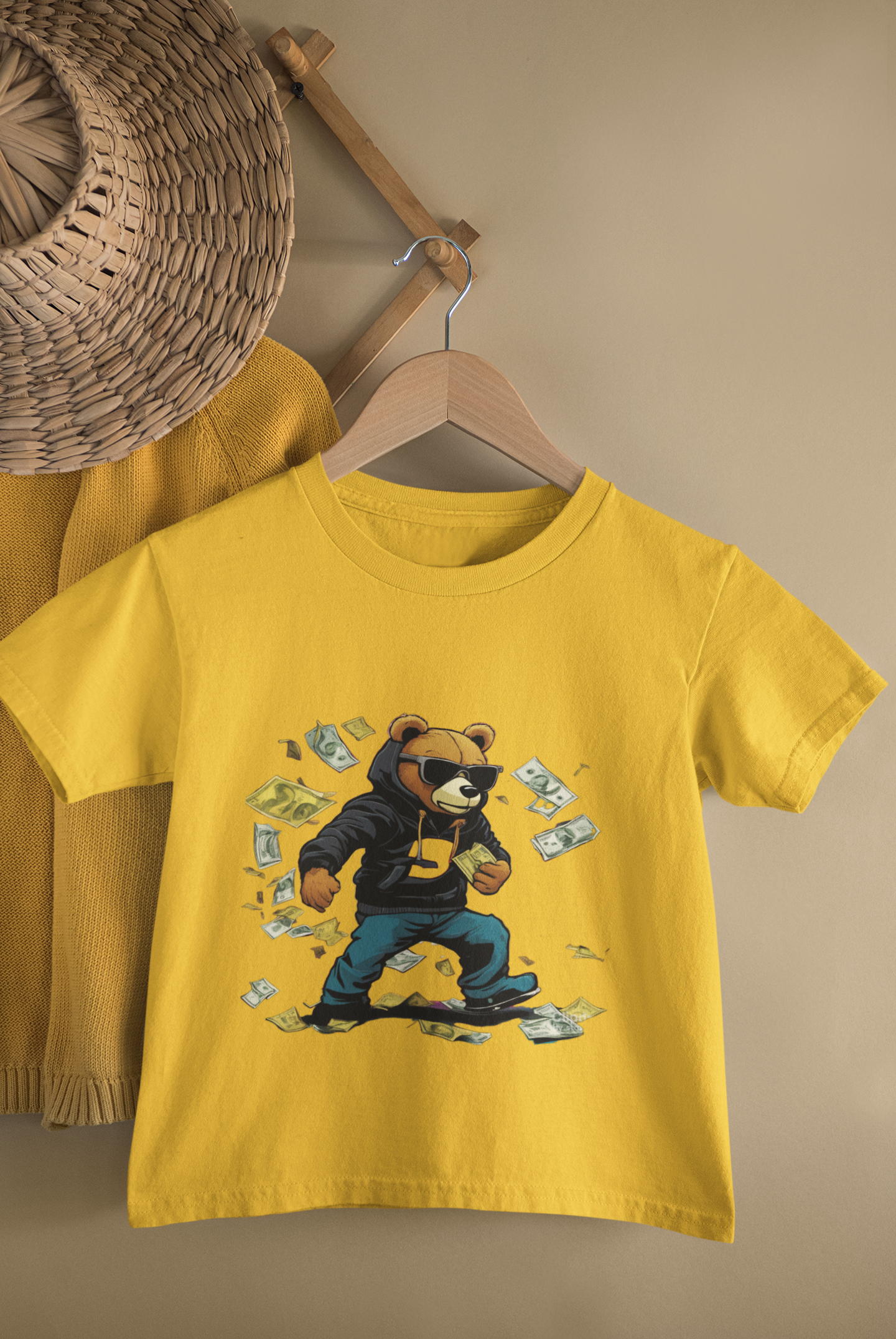 Kids Money Bear Cartoon Print Round Neck T-Shirt