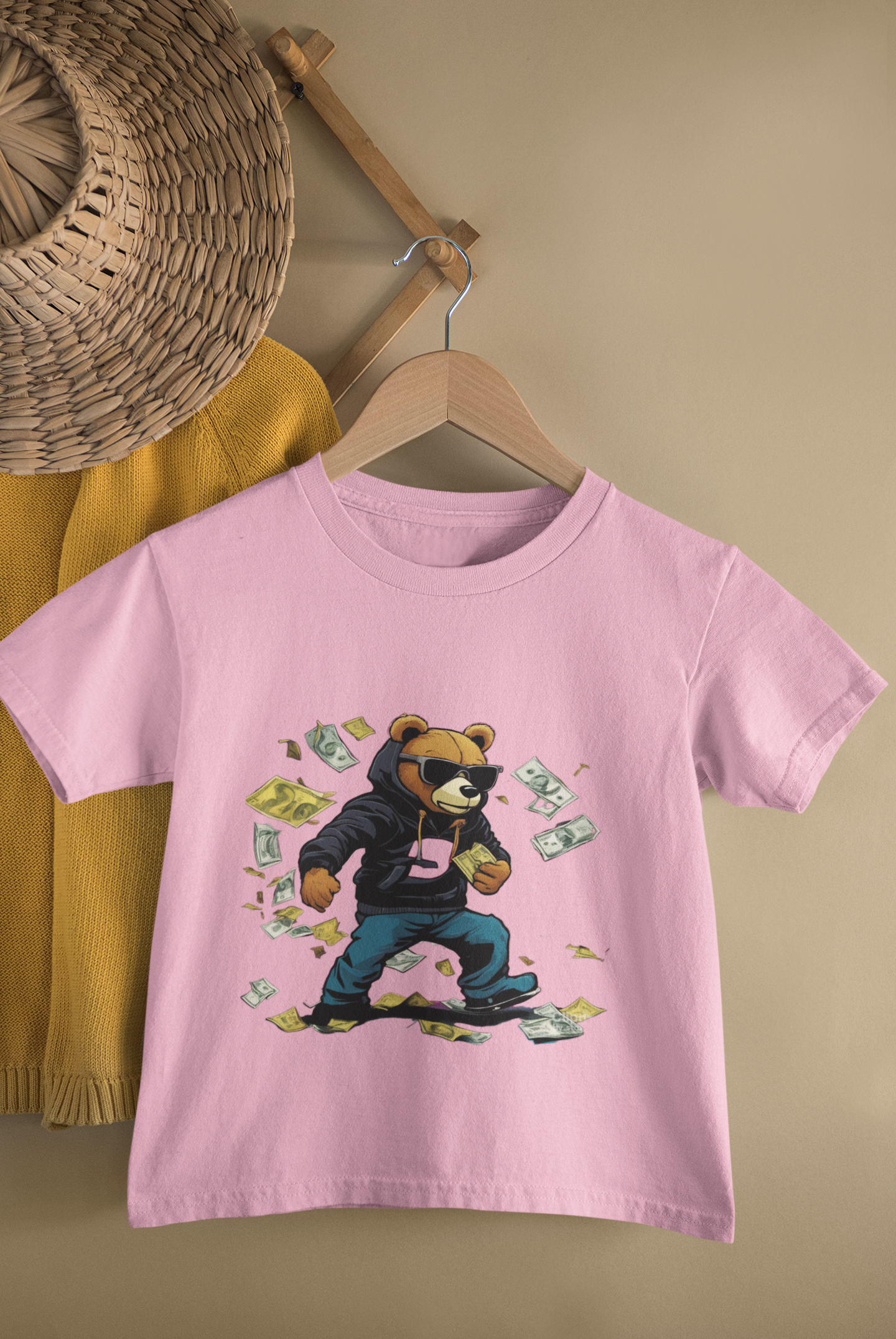 Kids Money Bear Cartoon Print Round Neck T-Shirt
