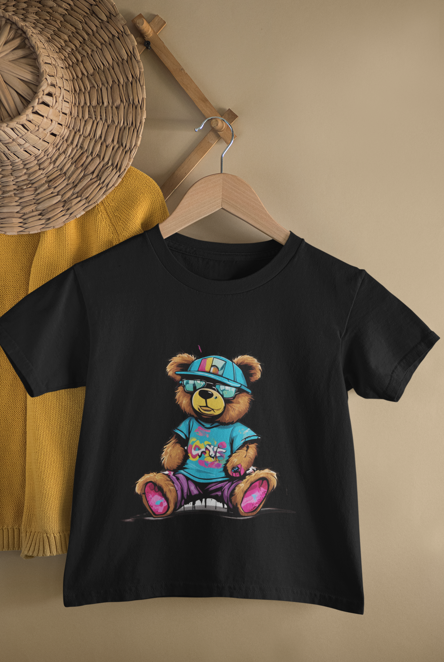 Kids Cool Teddy Bear Streetwear Cartoon Print Round Neck T-Shirt