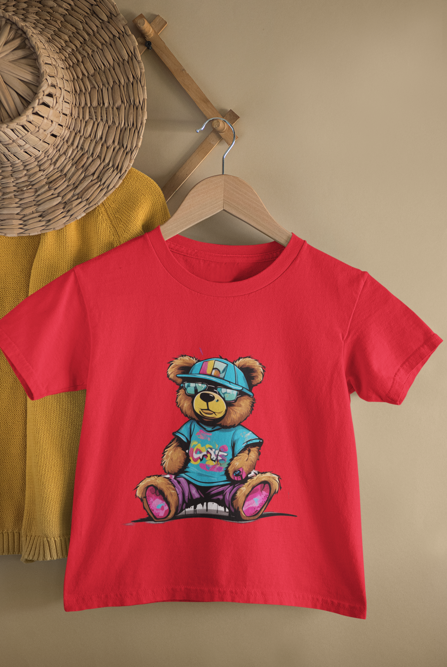 Kids Cool Teddy Bear Streetwear Cartoon Print Round Neck T-Shirt