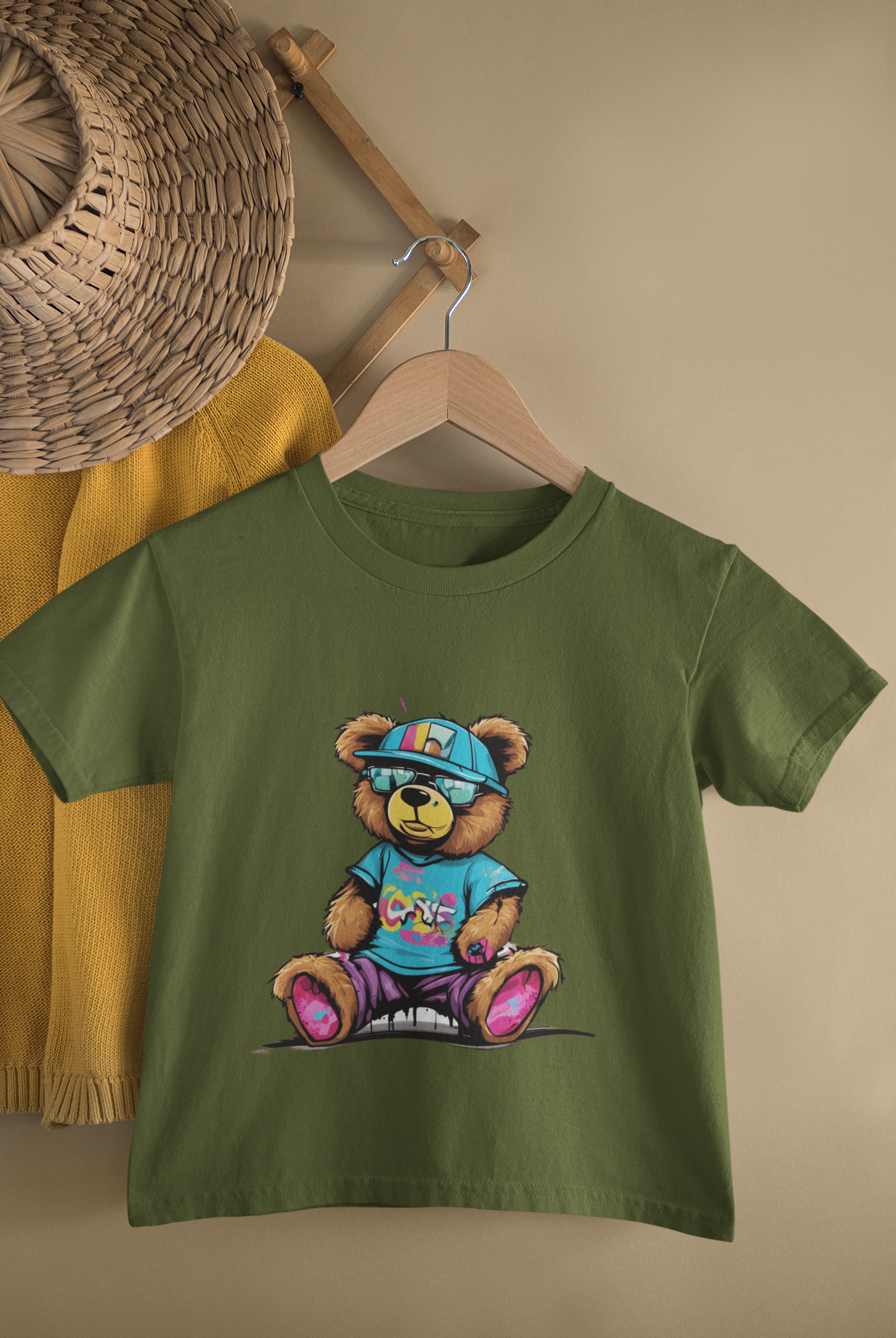 Kids Cool Teddy Bear Streetwear Cartoon Print Round Neck T-Shirt
