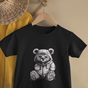 Kids Hooded Teddy Bear Monochrome Cartoon Print Round Neck T-Shirt
