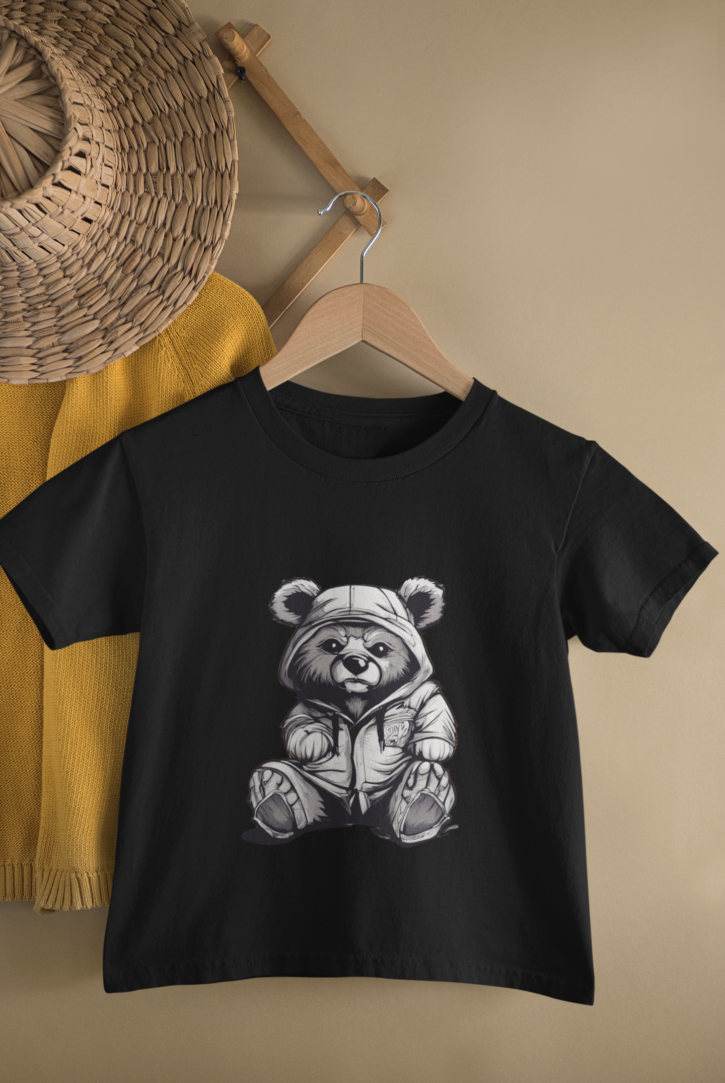 Kids Hooded Teddy Bear Monochrome Cartoon Print Round Neck T-Shirt