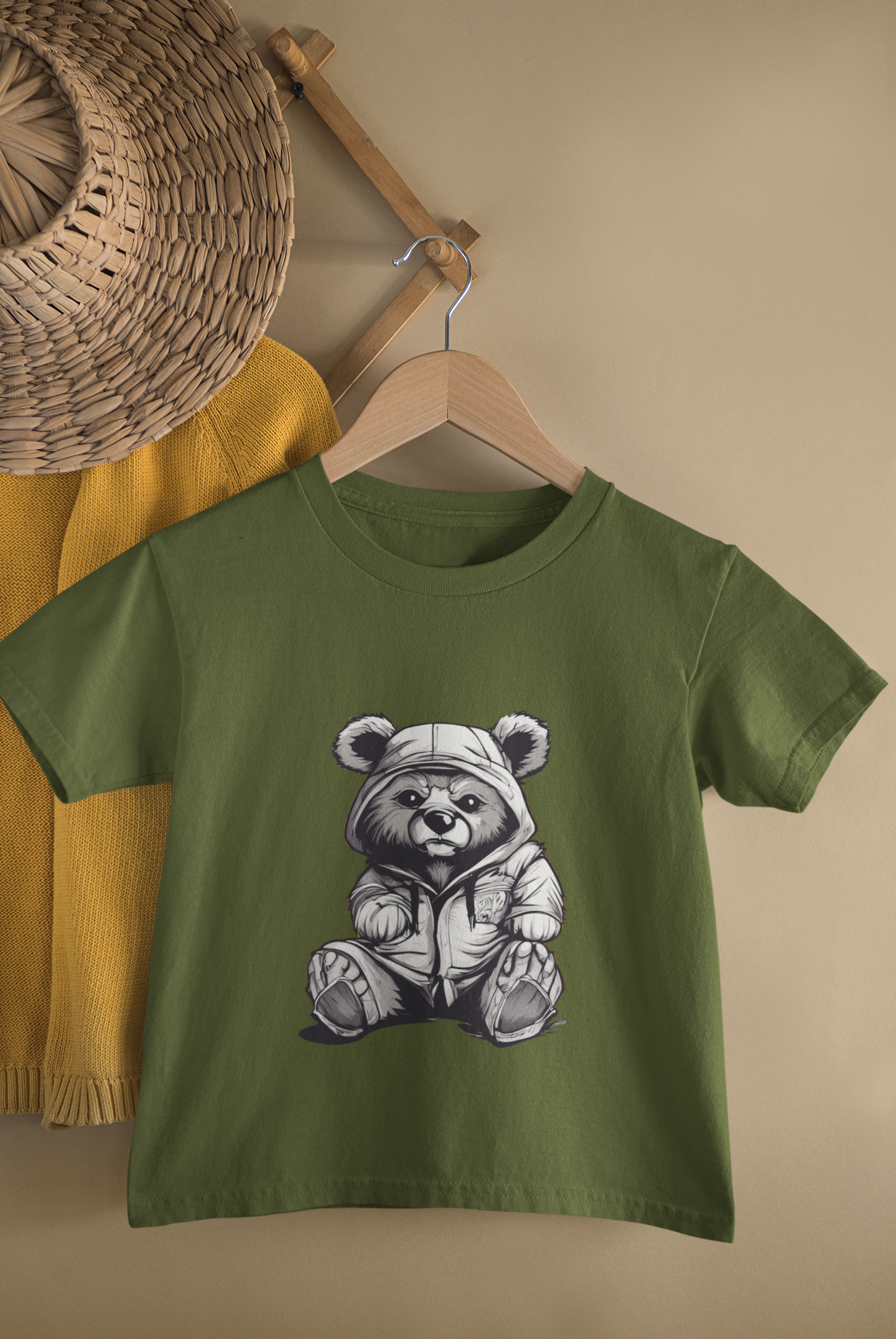 Kids Hooded Teddy Bear Monochrome Cartoon Print Round Neck T-Shirt