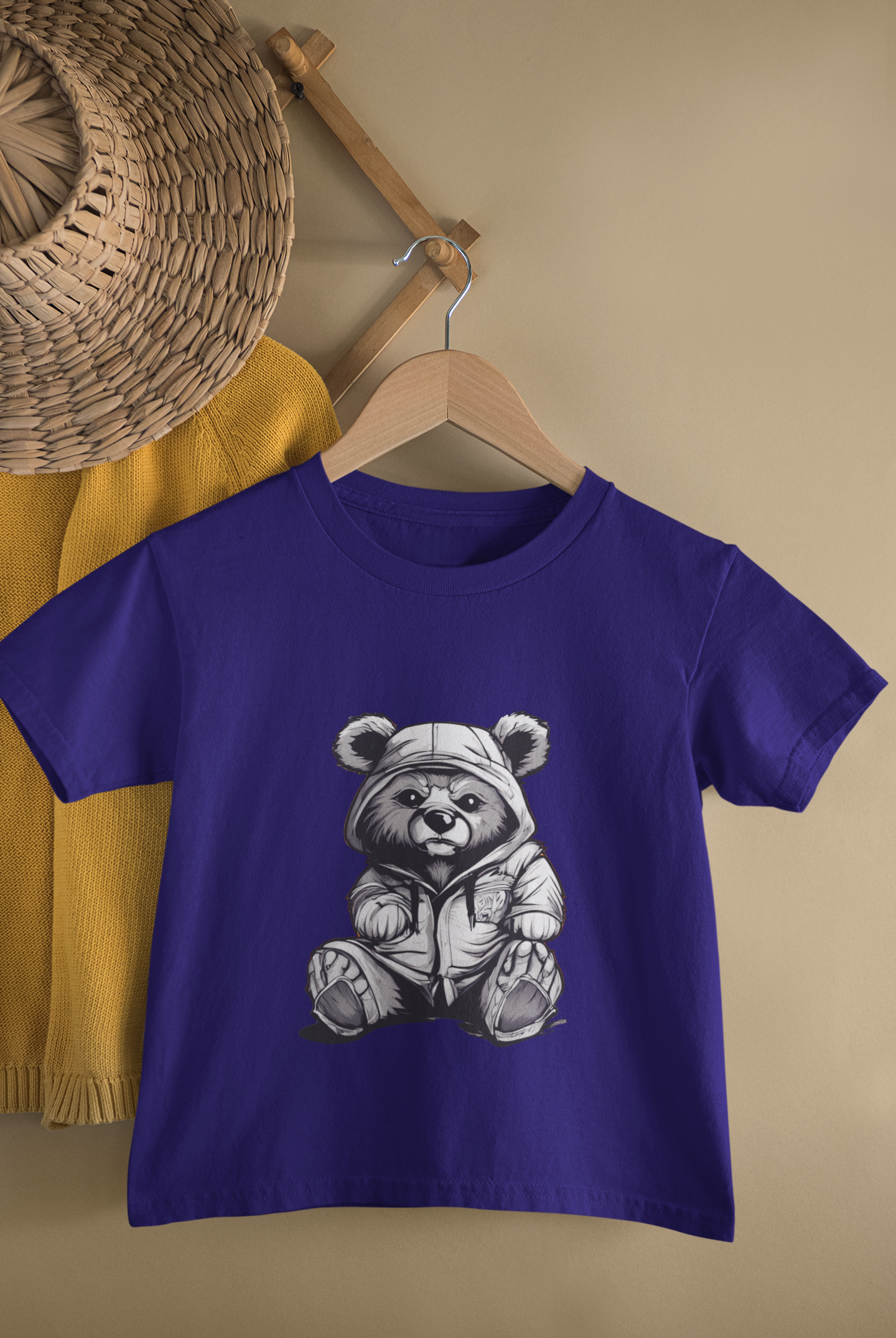 Kids Hooded Teddy Bear Monochrome Cartoon Print Round Neck T-Shirt
