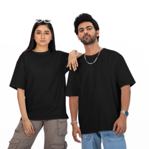 Couple wearing solid blank oversized T-shirt in Black