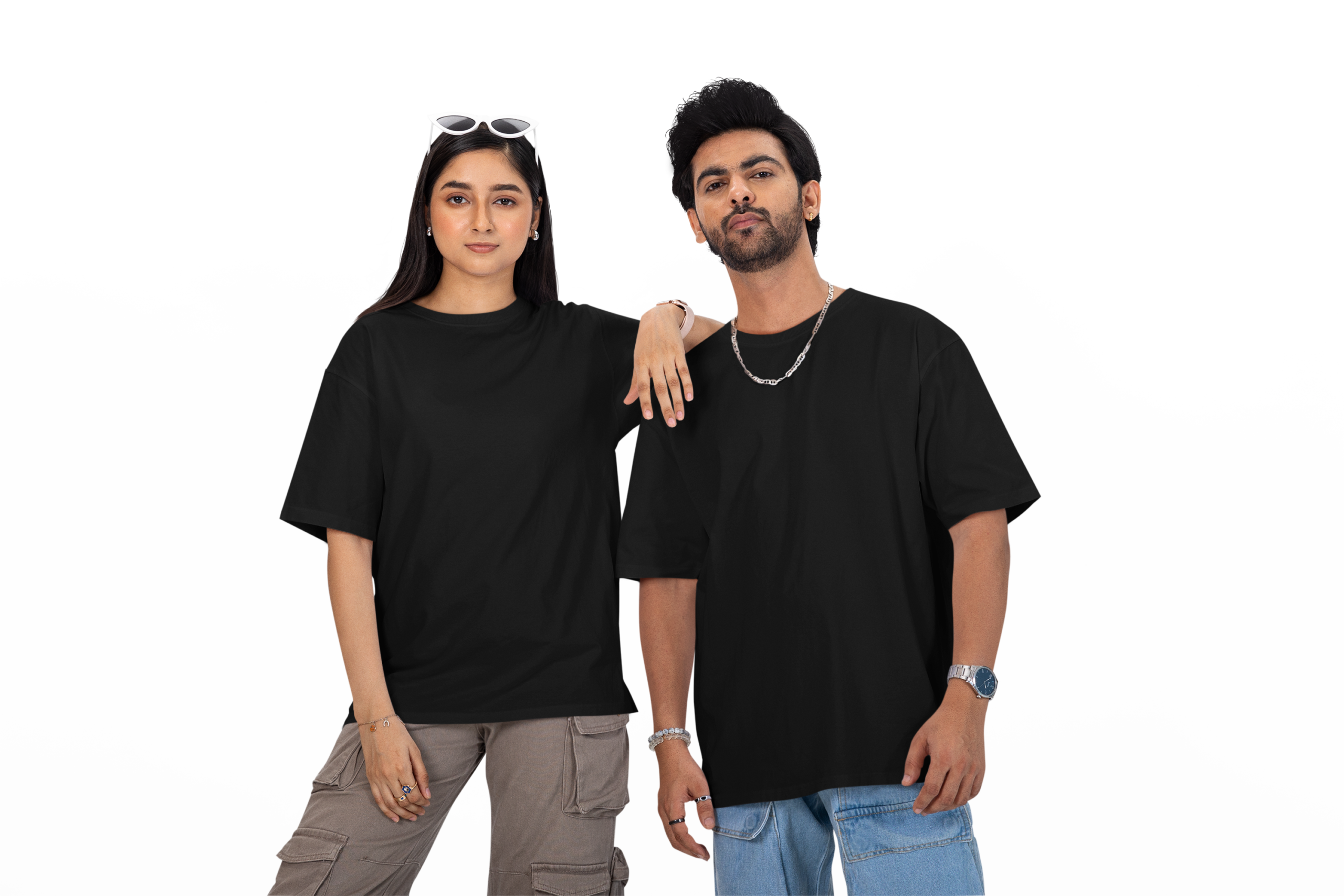 Couple wearing solid blank oversized T-shirt in Black