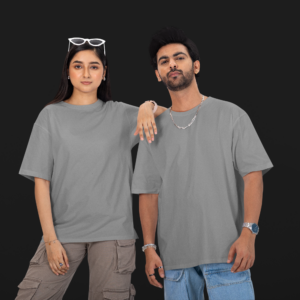 Couple wearing solid blank oversized T-shirt in Cool Grey