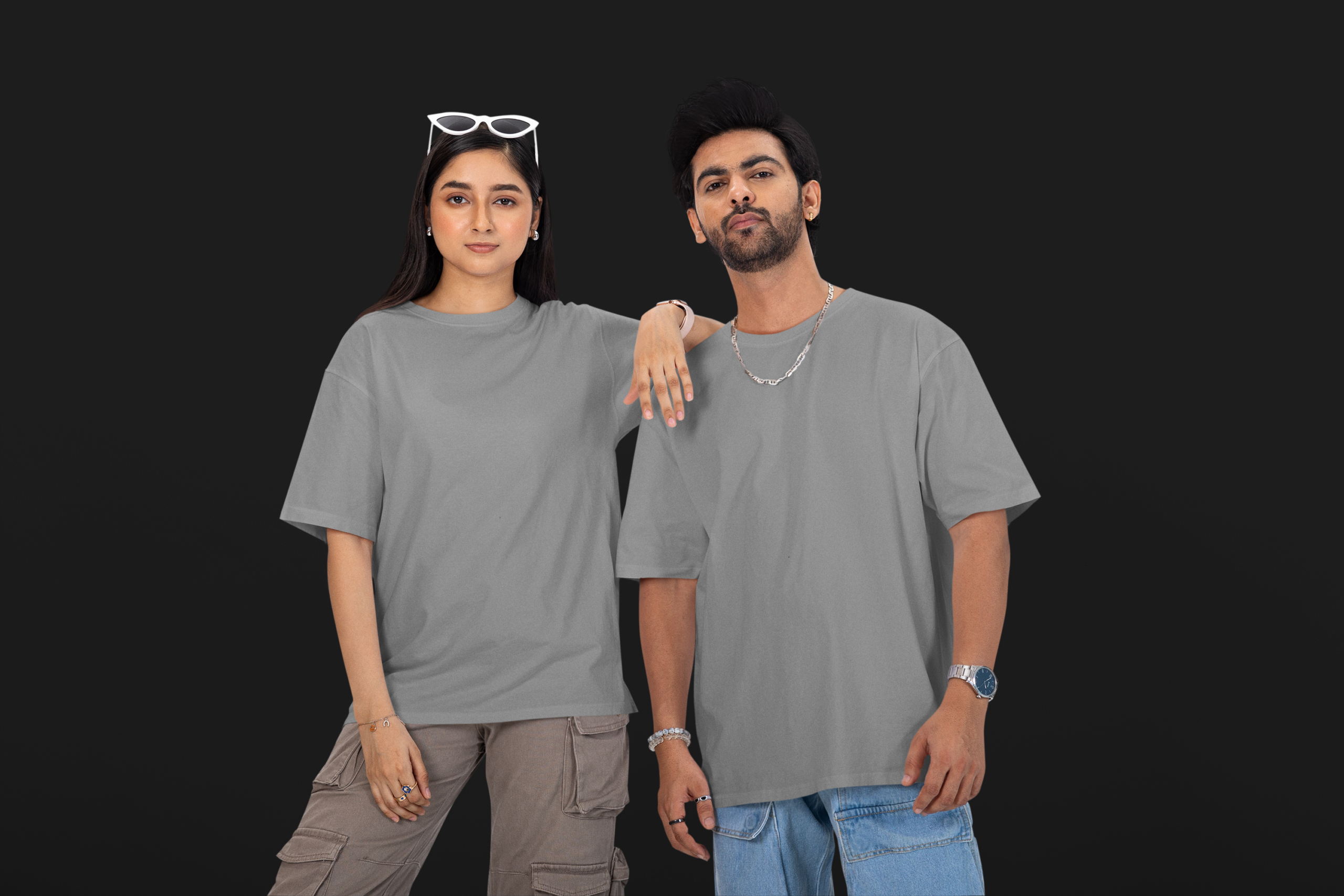Couple wearing solid blank oversized T-shirt in Cool Grey