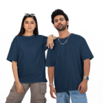 Couple wearing solid blank oversized T-shirt in Midnight Blue