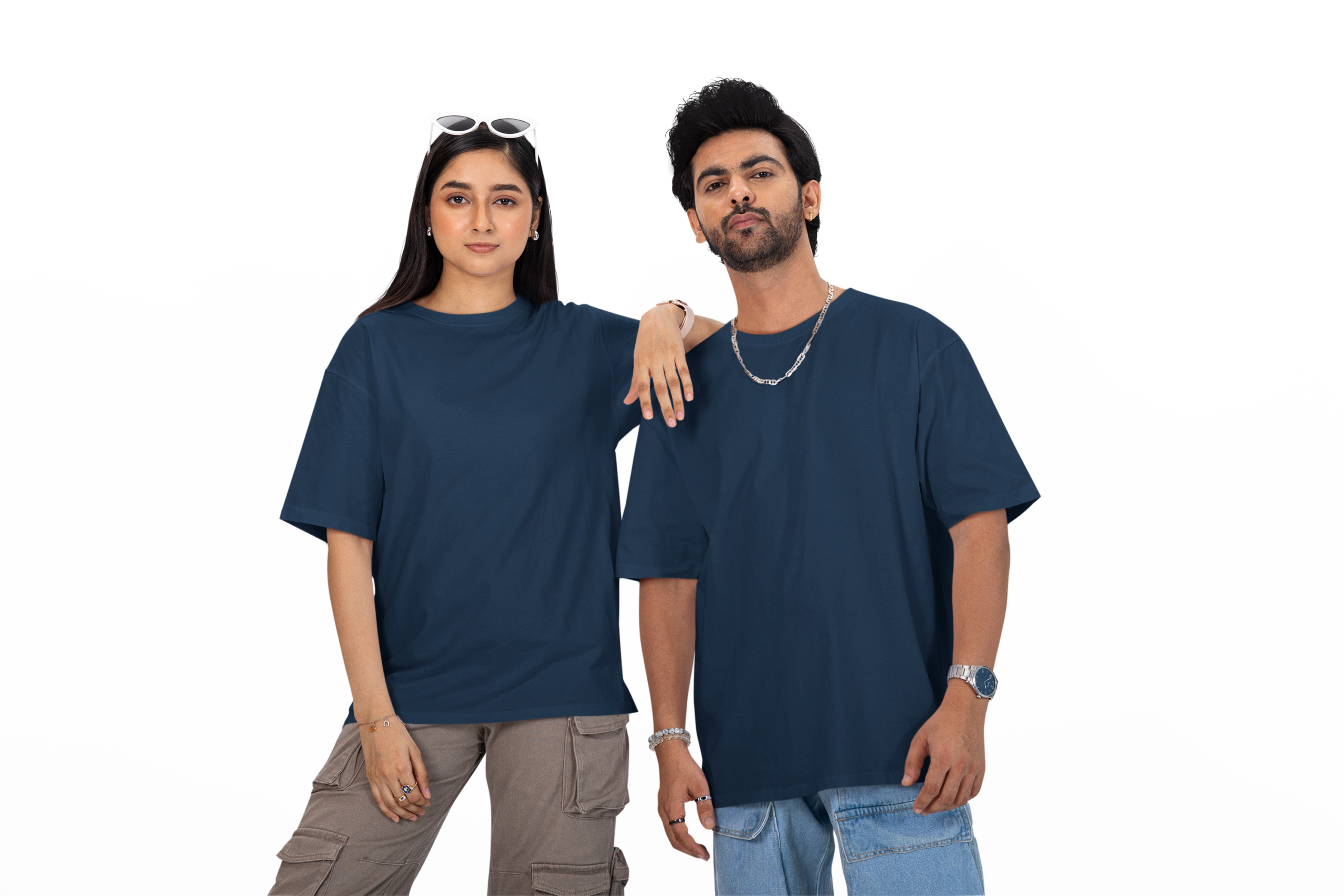 Couple wearing solid blank oversized T-shirt in Midnight Blue