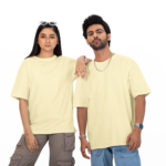 Couple wearing solid blank oversized T-shirt in Off White