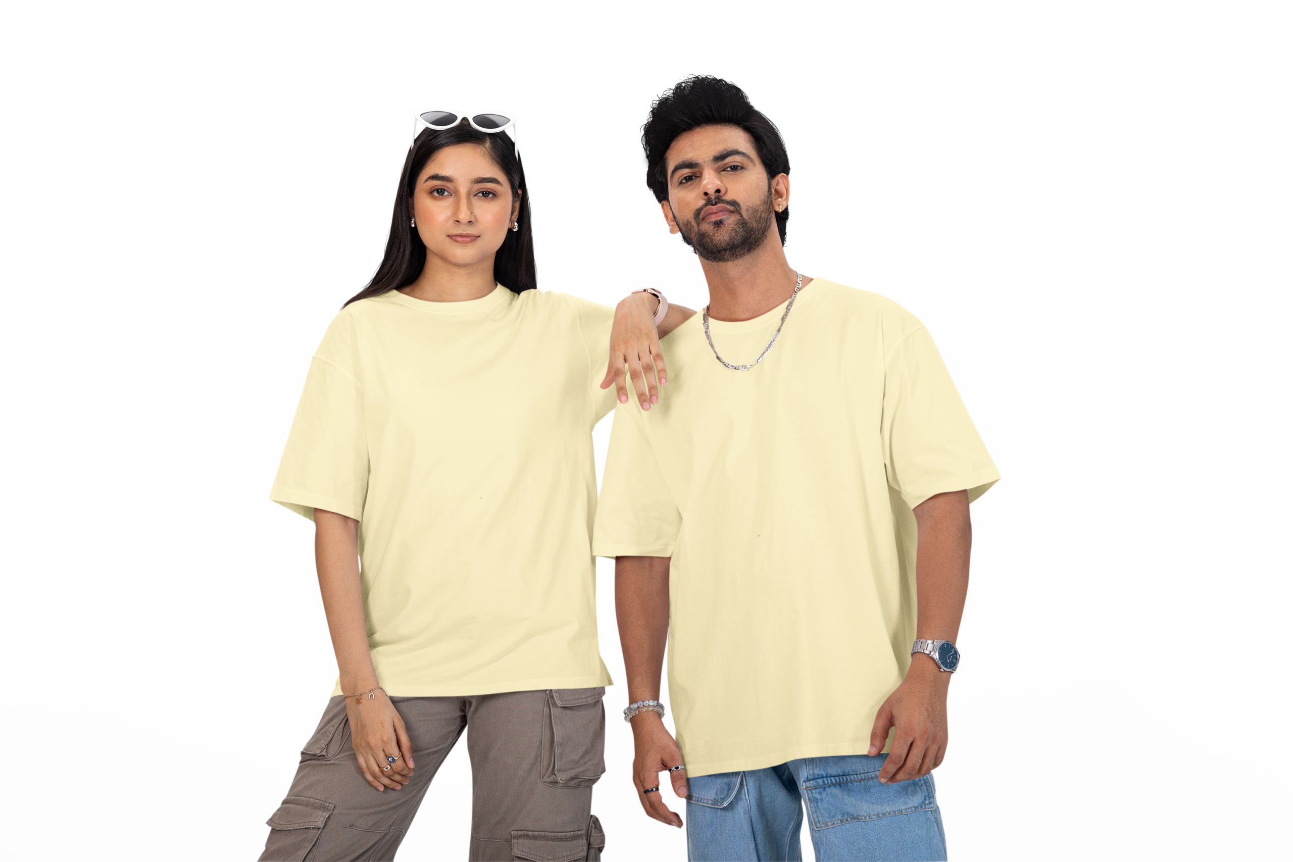 Couple wearing solid blank oversized T-shirt in Off White