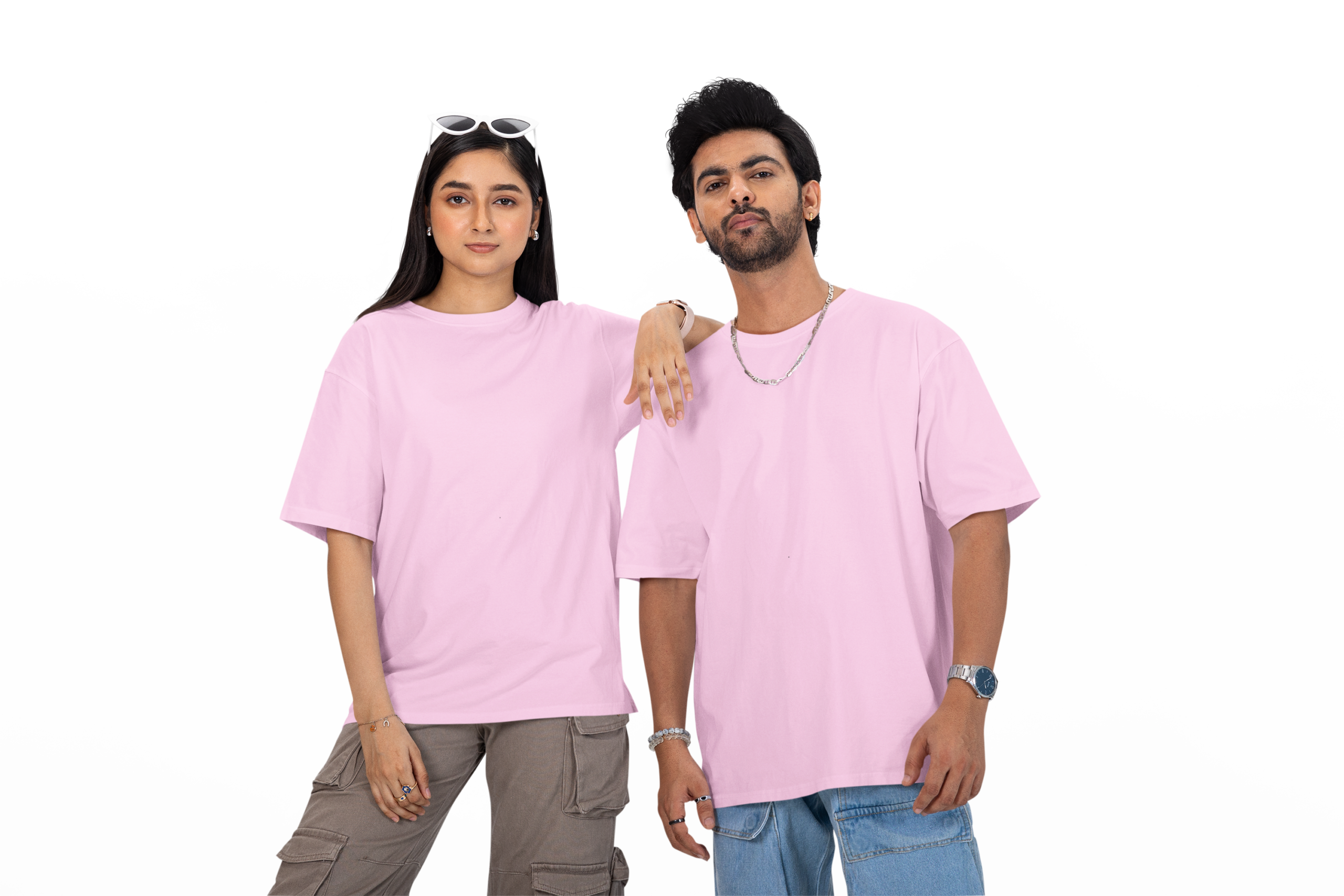 Couple wearing solid blank oversized T-shirt in Purple