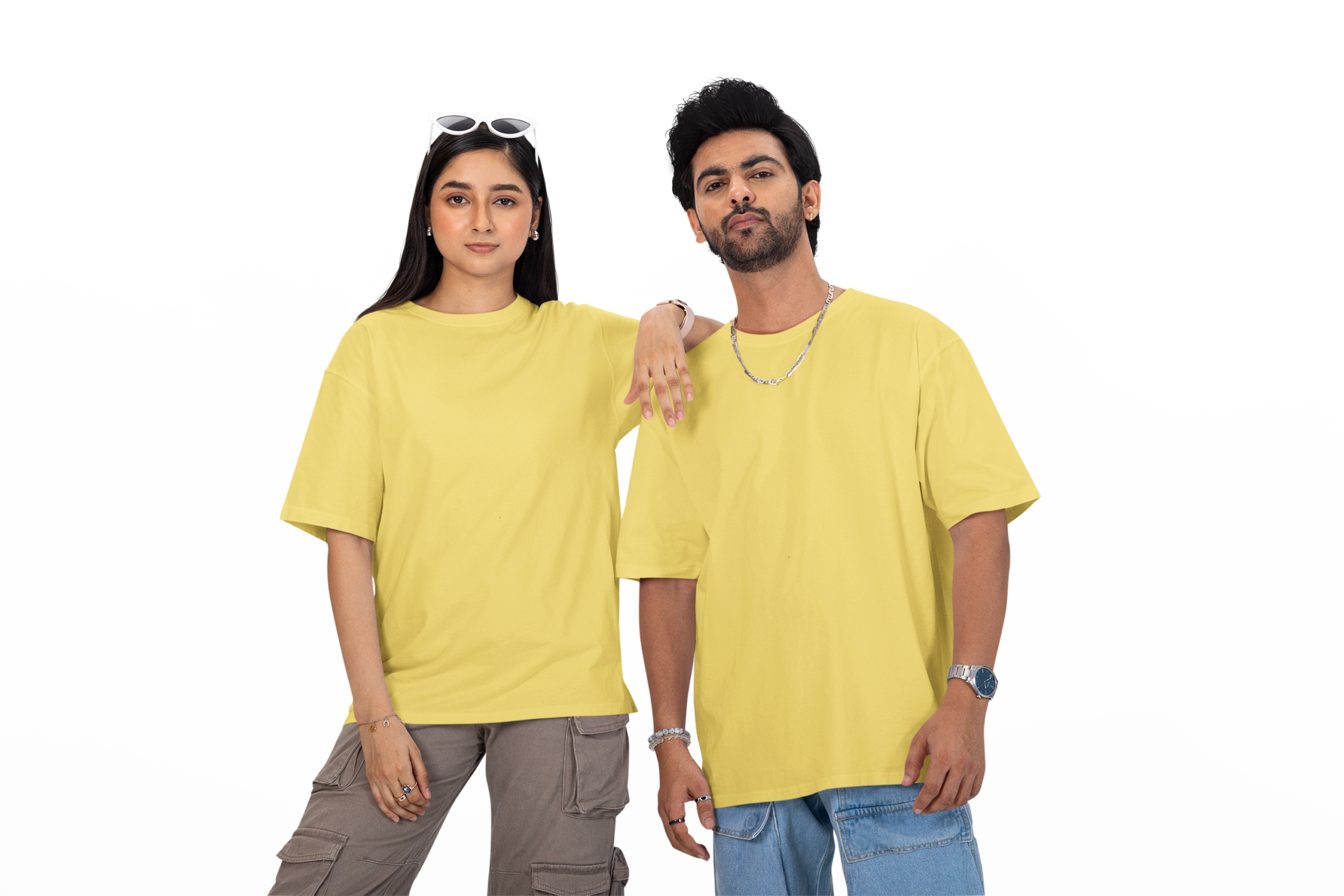 Couple wearing solid blank oversized T-shirt in Taupe