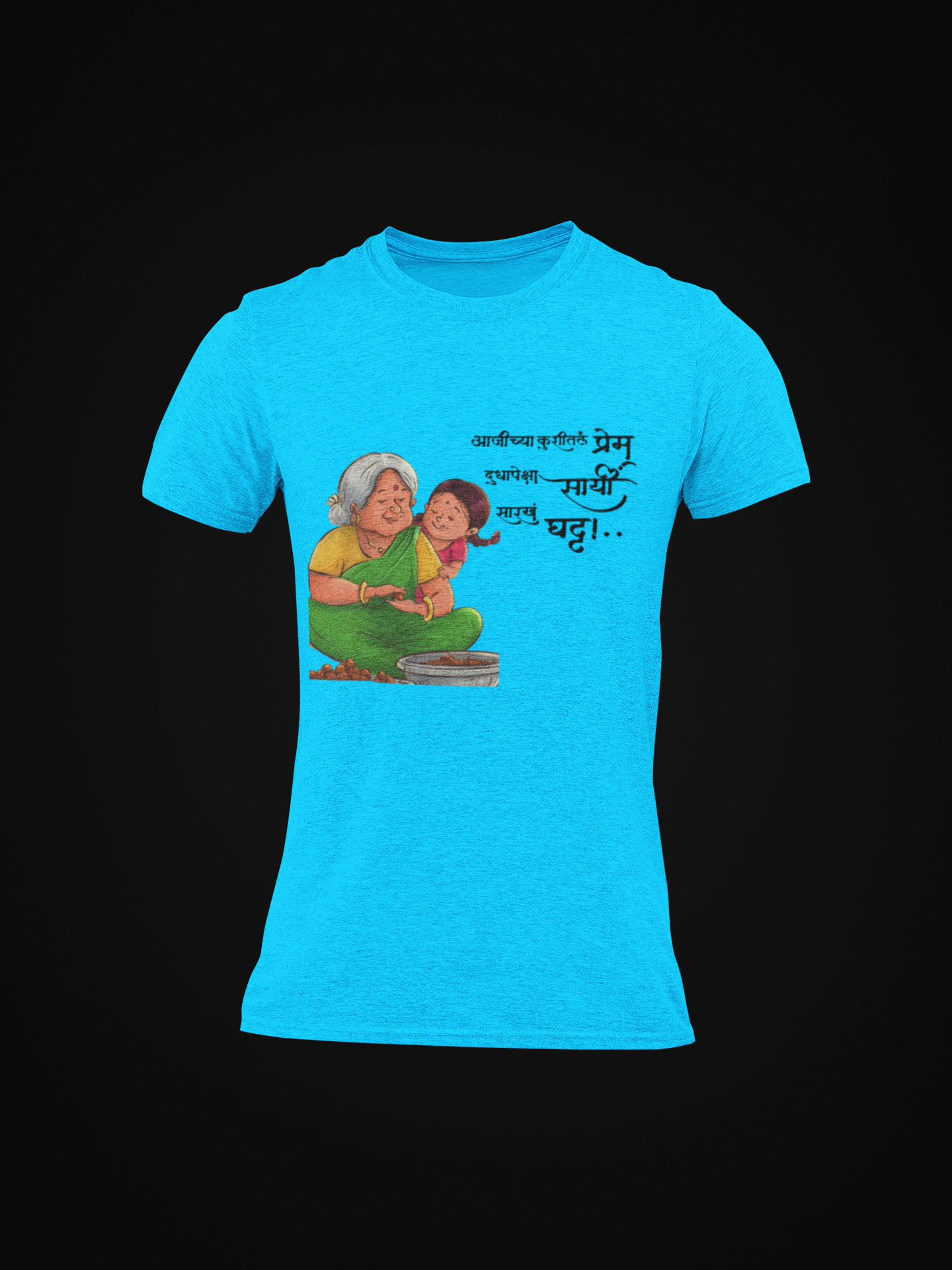 Men's Aaji Prem Marathi Illustration Round Neck T-Shirt in Cyan