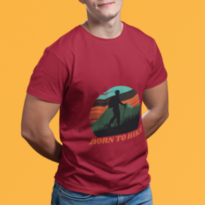 Men wearing maroon Born To Hike round neck T-shirt