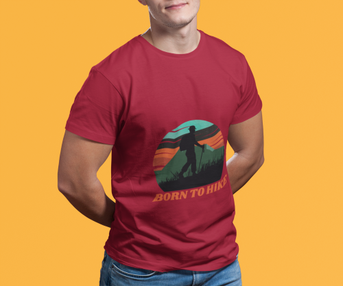 Men wearing maroon Born To Hike round neck T-shirt