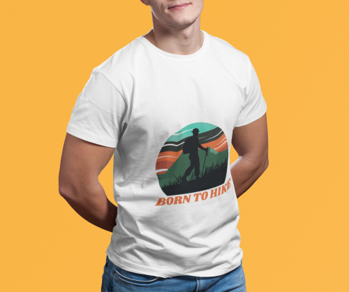 Men wearing white Born To Hike round neck T-shirt