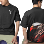 Men wearing black Eagle Rise oversized T-shirt with front and back print