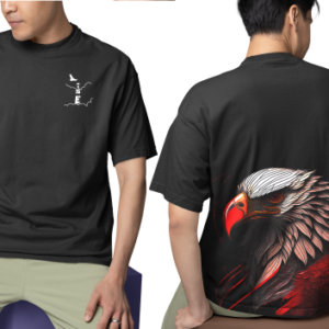 Men wearing black Eagle Rise oversized T-shirt with front and back print