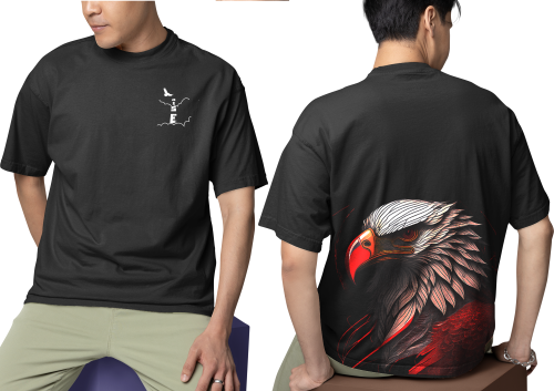 Men wearing black Eagle Rise oversized T-shirt with front and back print